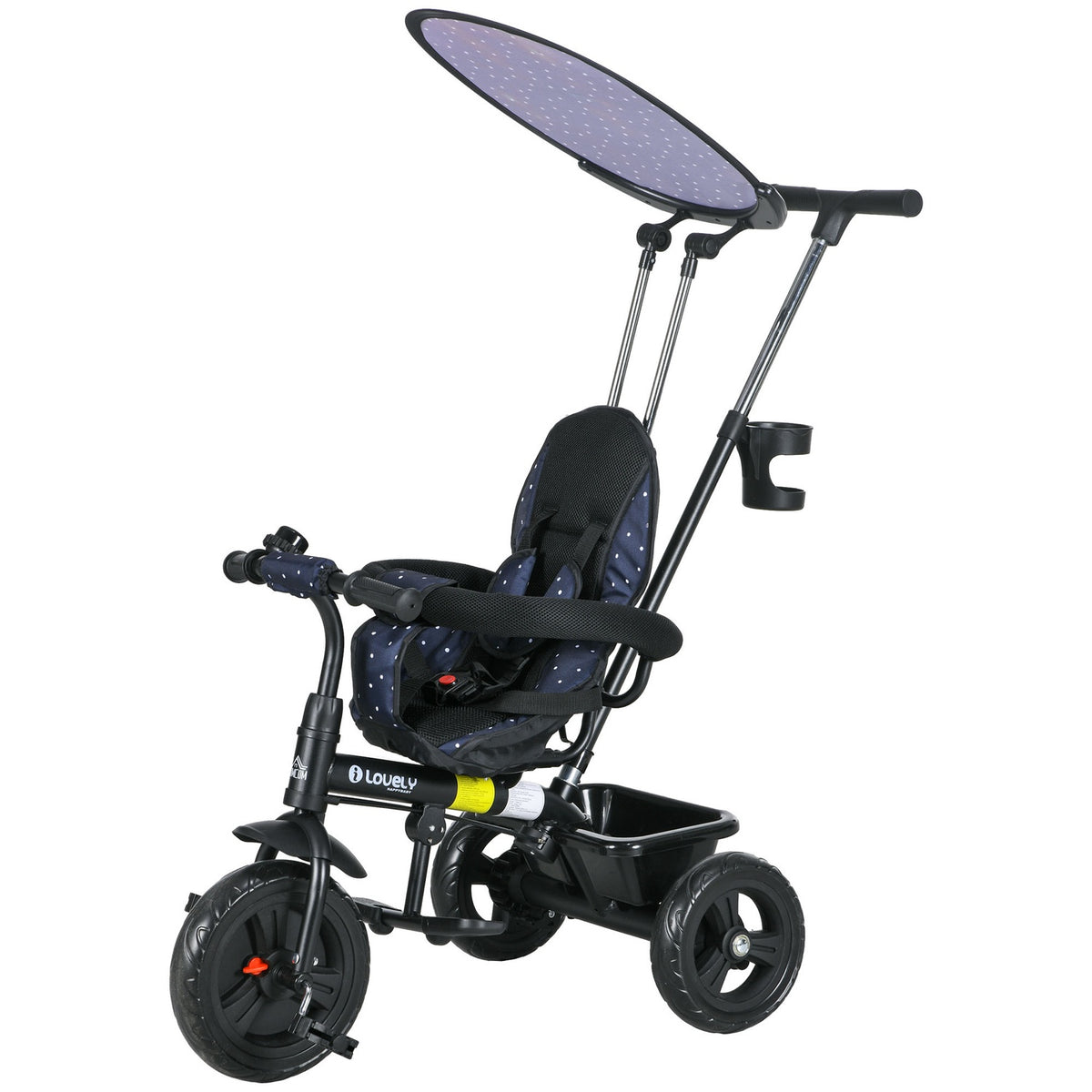 6-in-1 children's tricycle with push bar, roof, belt, storage basket, for 1-5 years, dark blue