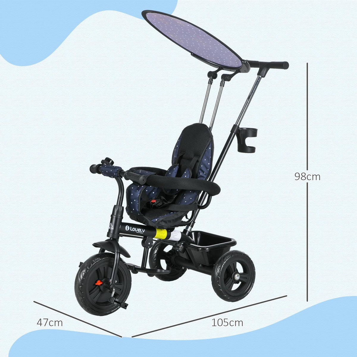 6-in-1 children's tricycle with push bar, roof, belt, storage basket, for 1-5 years, dark blue