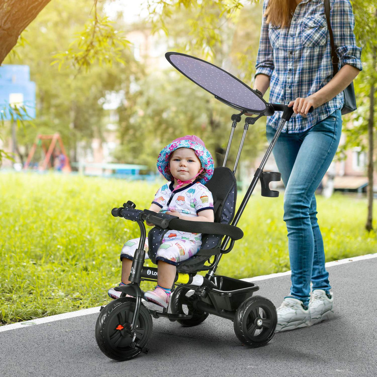 6-in-1 children's tricycle with push bar, roof, belt, storage basket, for 1-5 years, dark blue