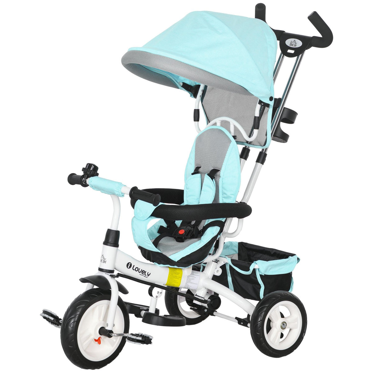 6-in-1 children's tricycle with push bar, roof, belt, storage basket, for 1-5 years, green