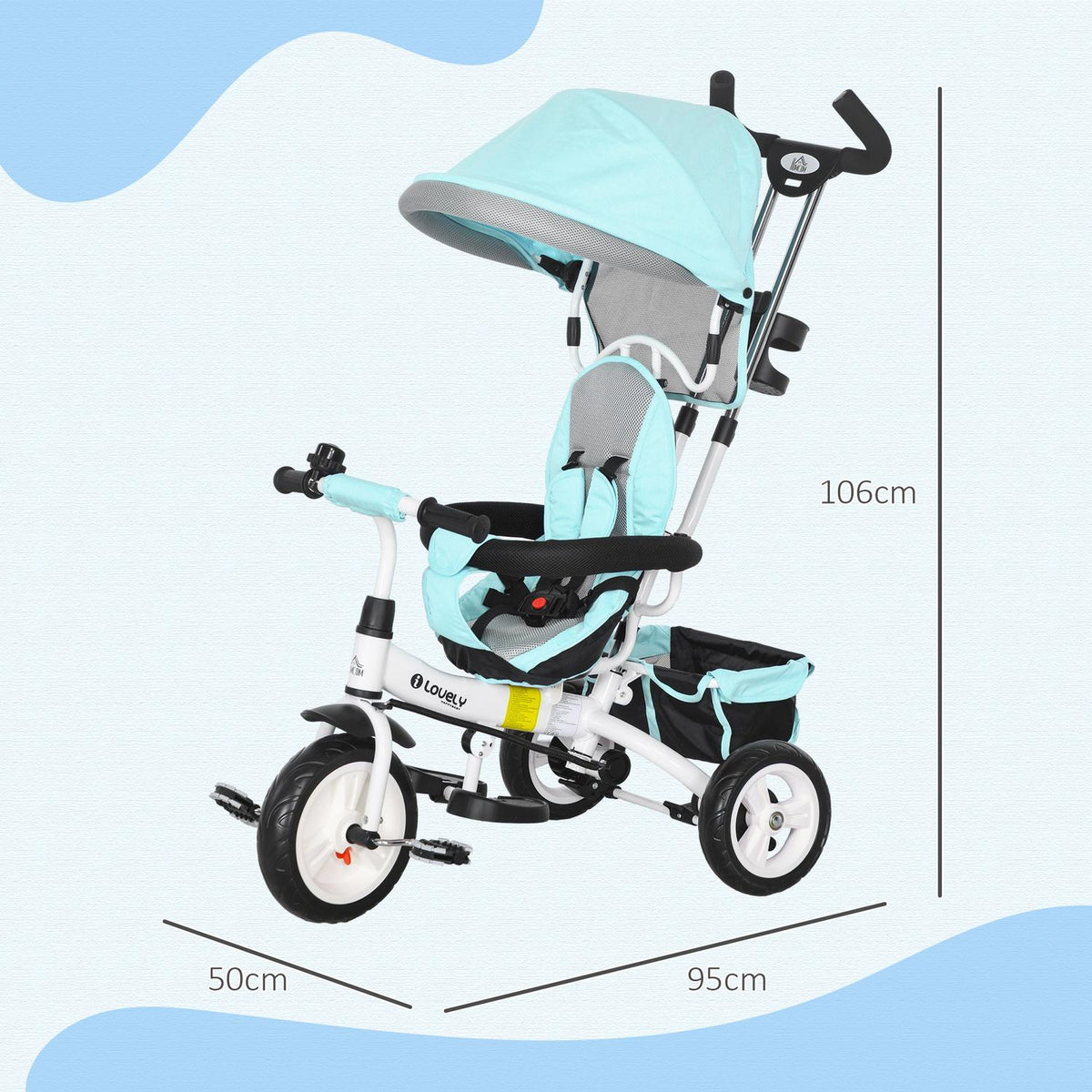 6-in-1 children's tricycle with push bar, roof, belt, storage basket, for 1-5 years, green