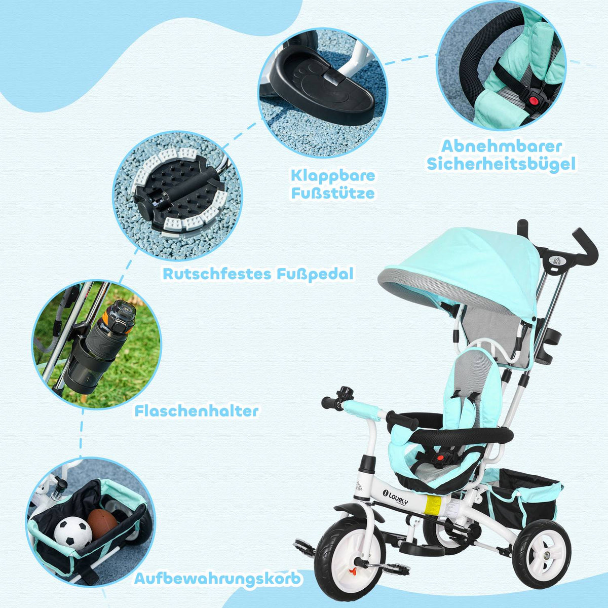 6-in-1 children's tricycle with push bar, roof, belt, storage basket, for 1-5 years, green