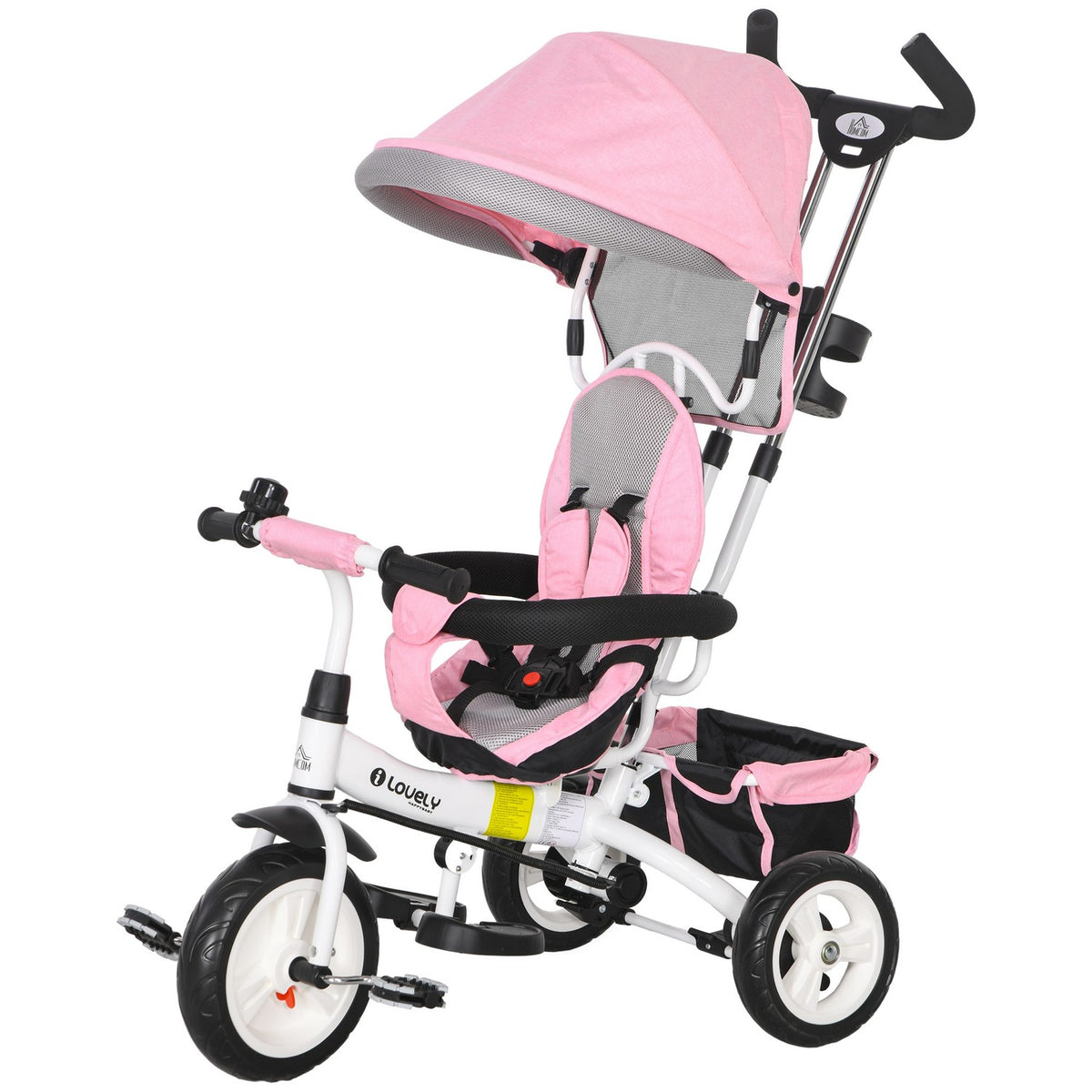 6-in-1 children's tricycle with push bar, roof, belt, storage basket, for 1-5 years, pink