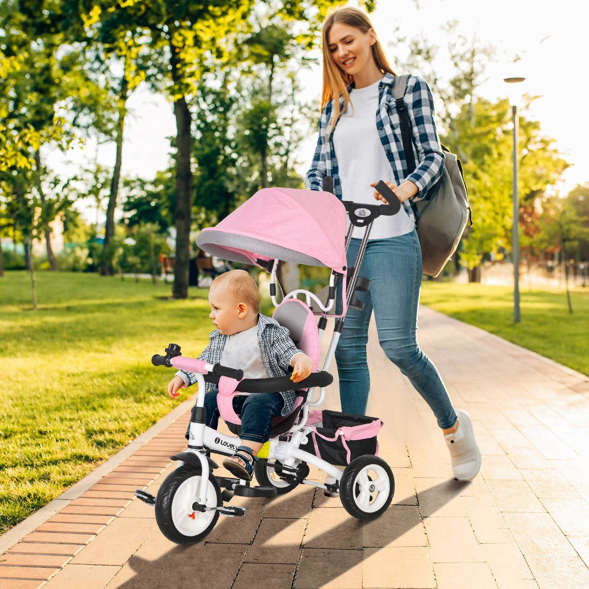 6-in-1 children's tricycle with push bar, roof, belt, storage basket, for 1-5 years, pink