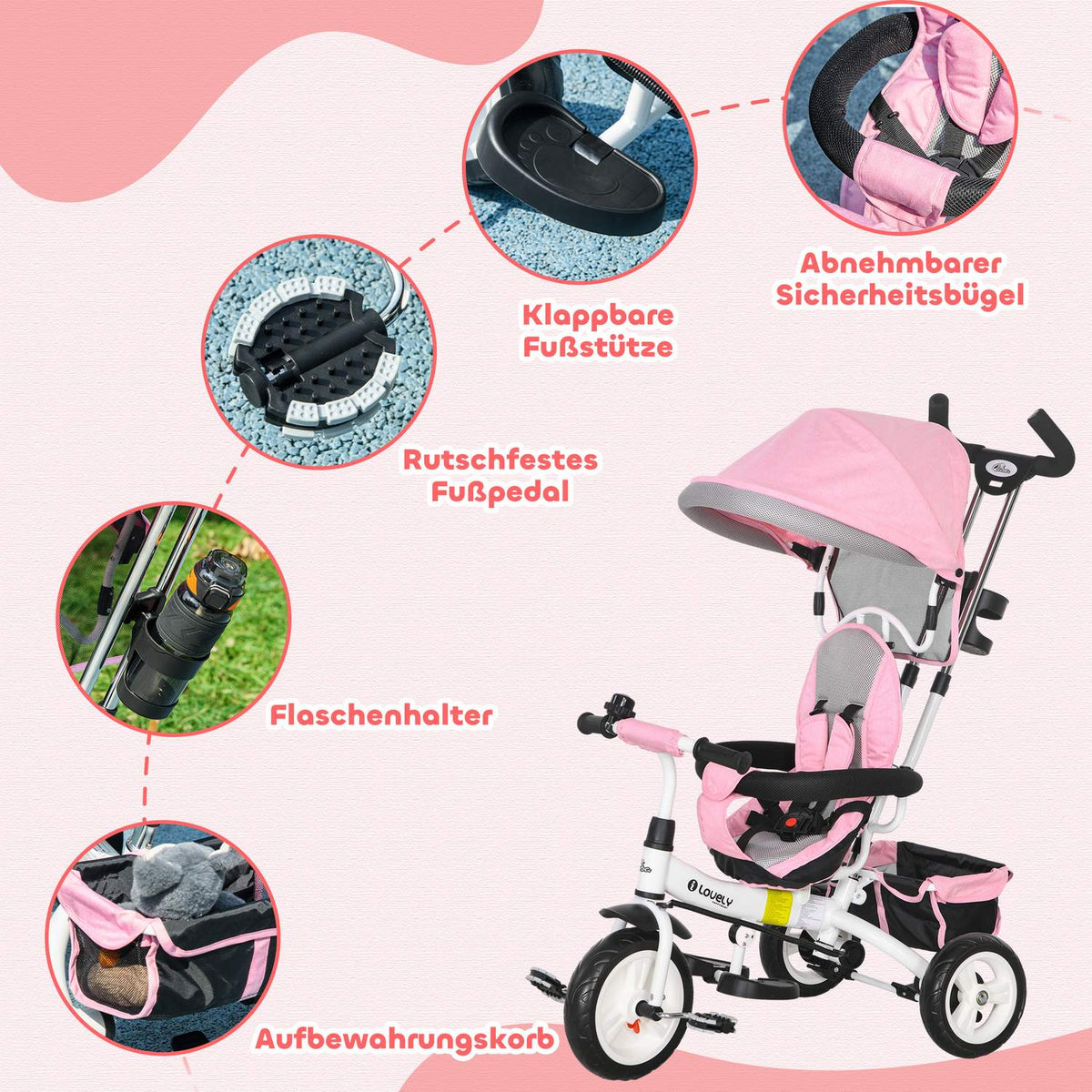 6-in-1 children's tricycle with push bar, roof, belt, storage basket, for 1-5 years, pink