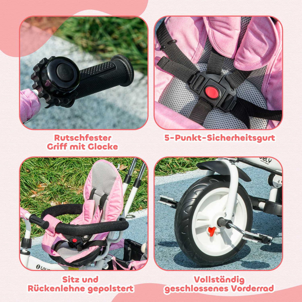 6-in-1 children's tricycle with push bar, roof, belt, storage basket, for 1-5 years, pink