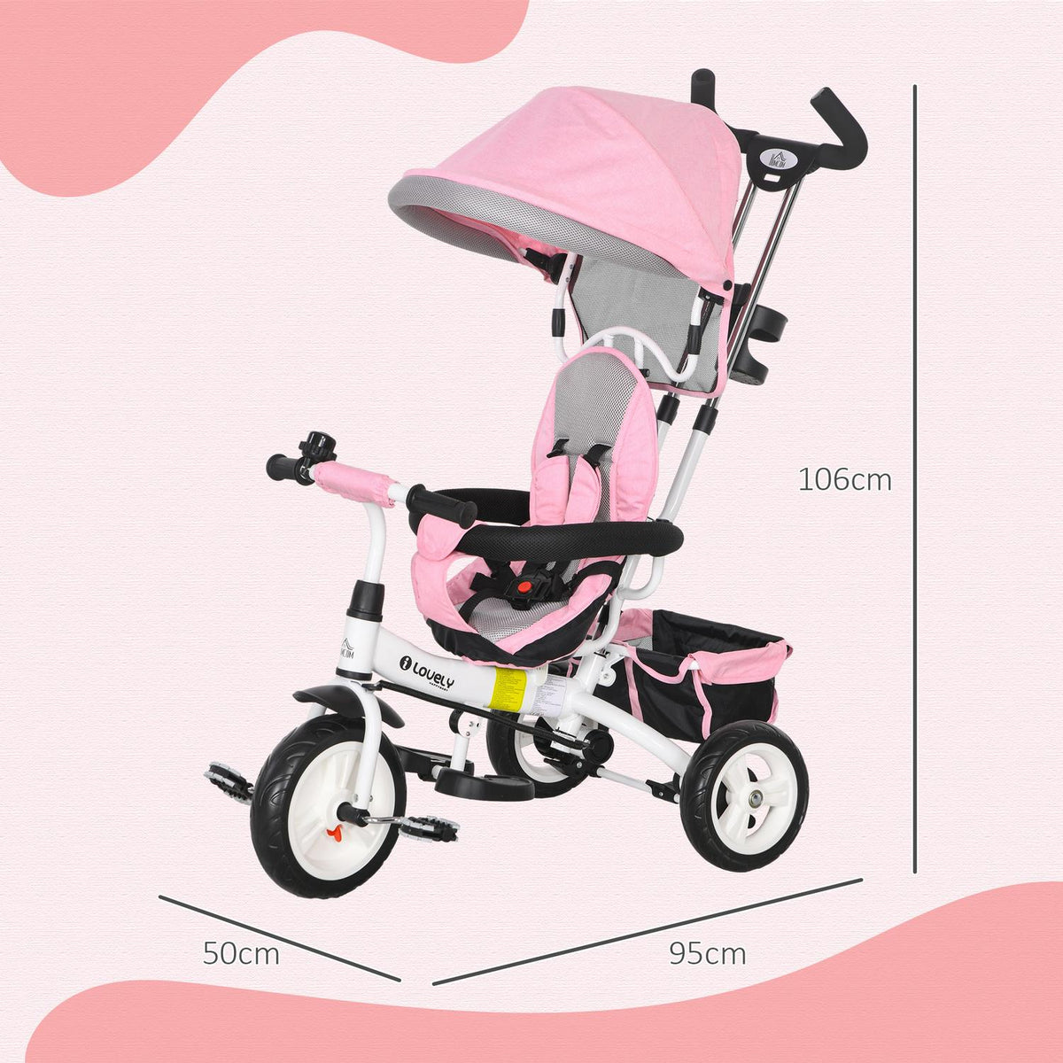 6-in-1 children's tricycle with push bar, roof, belt, storage basket, for 1-5 years, pink