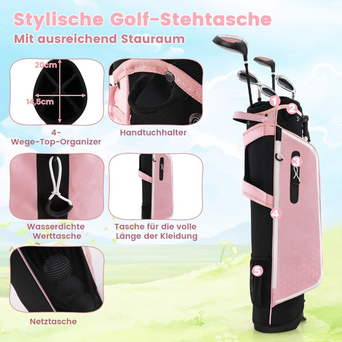 6-piece children's golf club set with golf bag and rain cover for children aged 11-13 years, pink