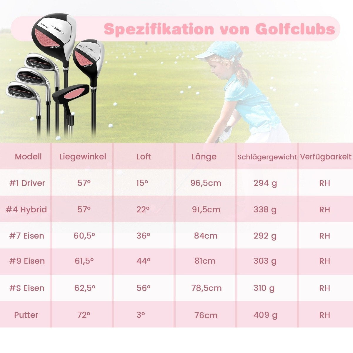 6-piece children's golf club set with golf bag and rain cover for children aged 11-13 years, pink