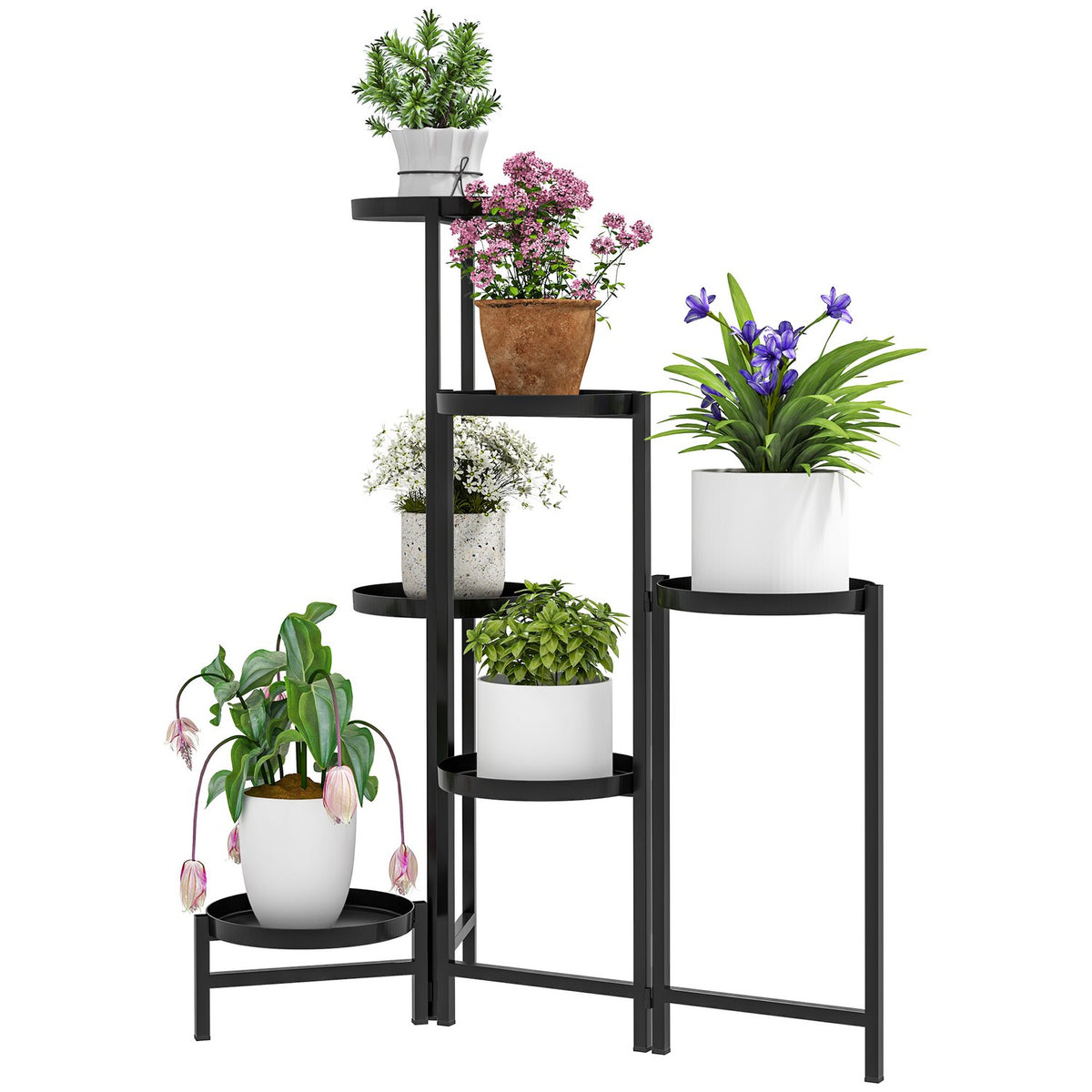 6-tier plant stand with tablets, foldable flower stand for indoor use, metal plant shelf, multi-tier flower shelf, 80cm high flower stair flower column for garden balcony, black