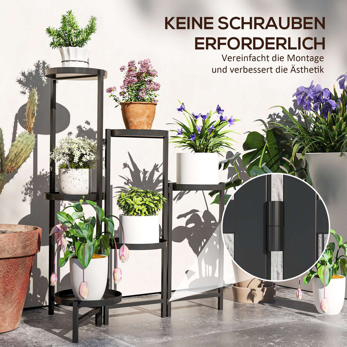 6-tier plant stand with tablets, foldable flower stand for indoor use, metal plant shelf, multi-tier flower shelf, 80cm high flower stair flower column for garden balcony, black