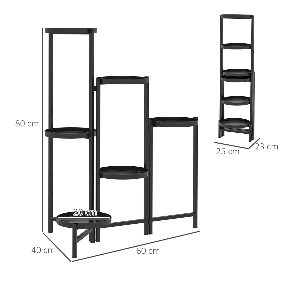 6-tier plant stand with tablets, foldable flower stand for indoor use, metal plant shelf, multi-tier flower shelf, 80cm high flower stair flower column for garden balcony, black