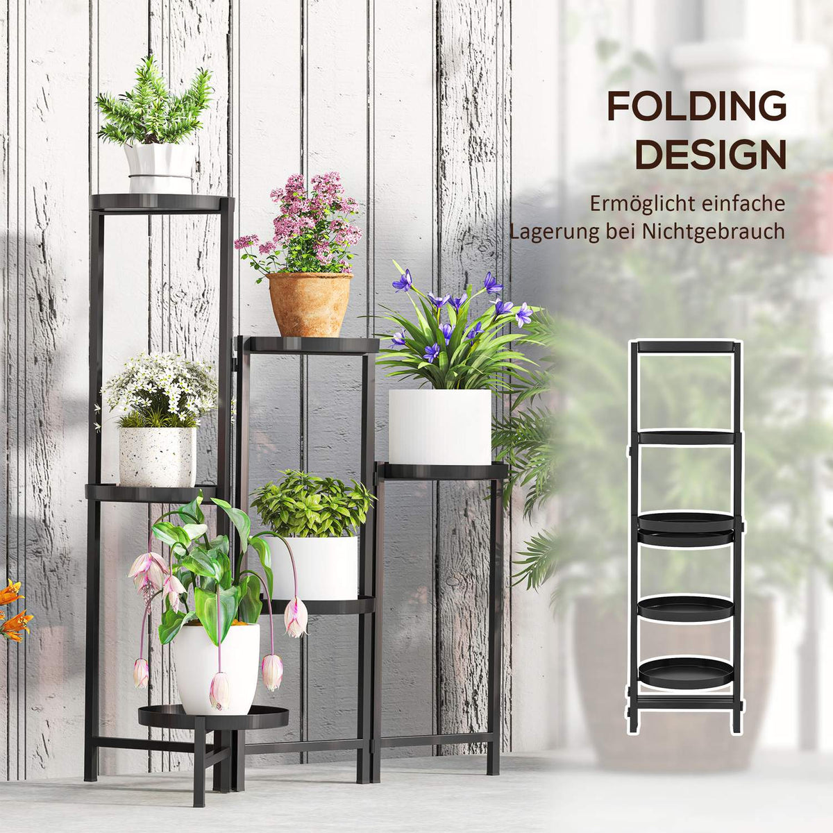 6-tier plant stand with tablets, foldable flower stand for indoor use, metal plant shelf, multi-tier flower shelf, 80cm high flower stair flower column for garden balcony, black