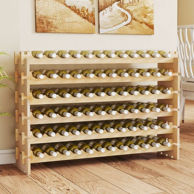 72-Bottle Wine Rack, 6-Tier Stackable Pine Wood