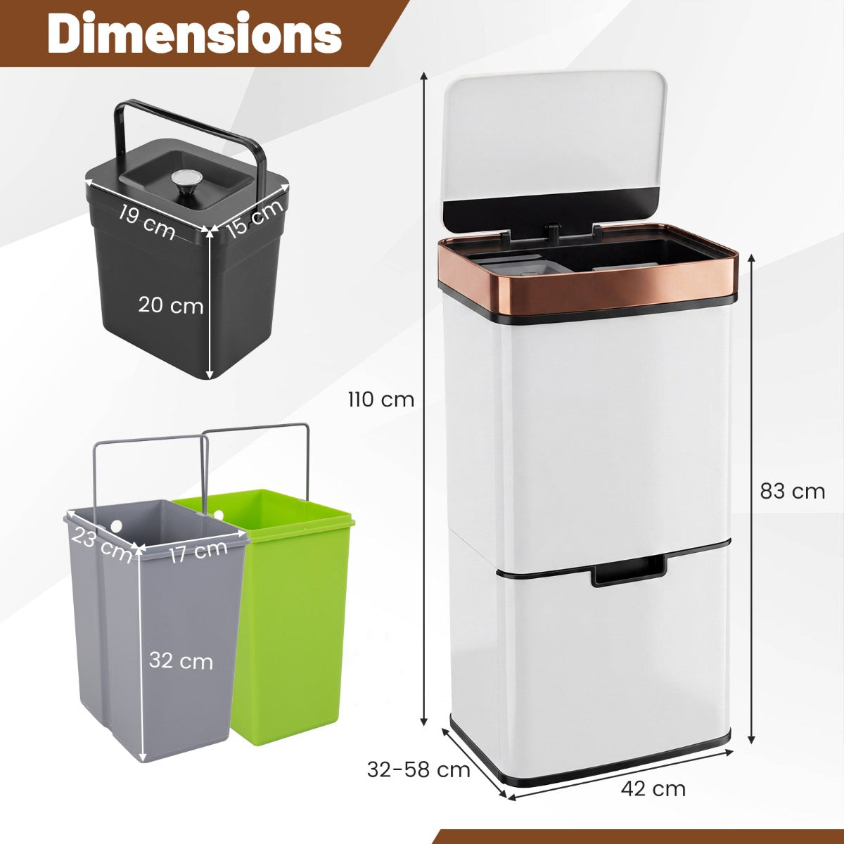 72L Stainless Steel Motion Sensor Waste Bin, Gold/White
