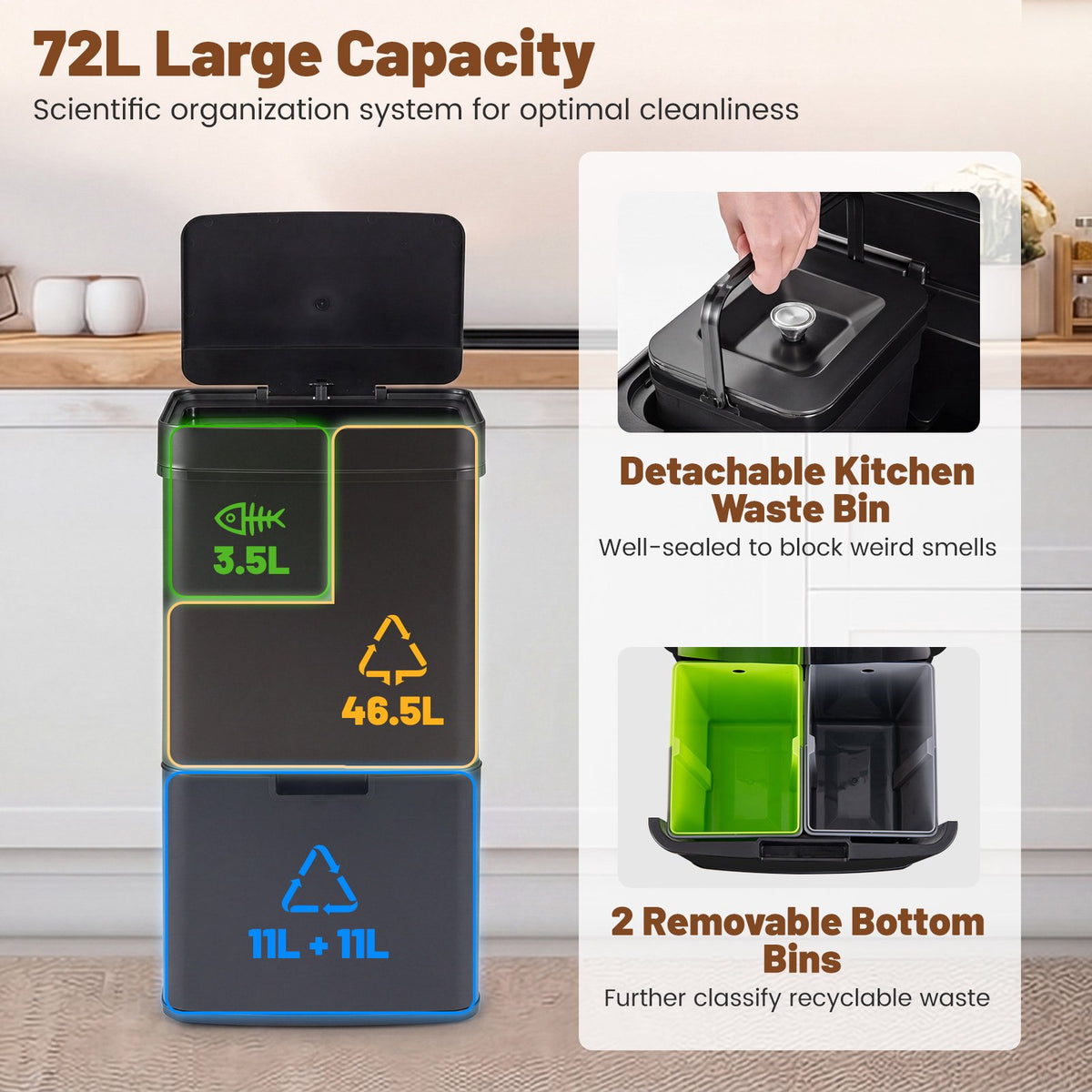 72L Stainless Steel Sensor Bin with Recycling Compartments