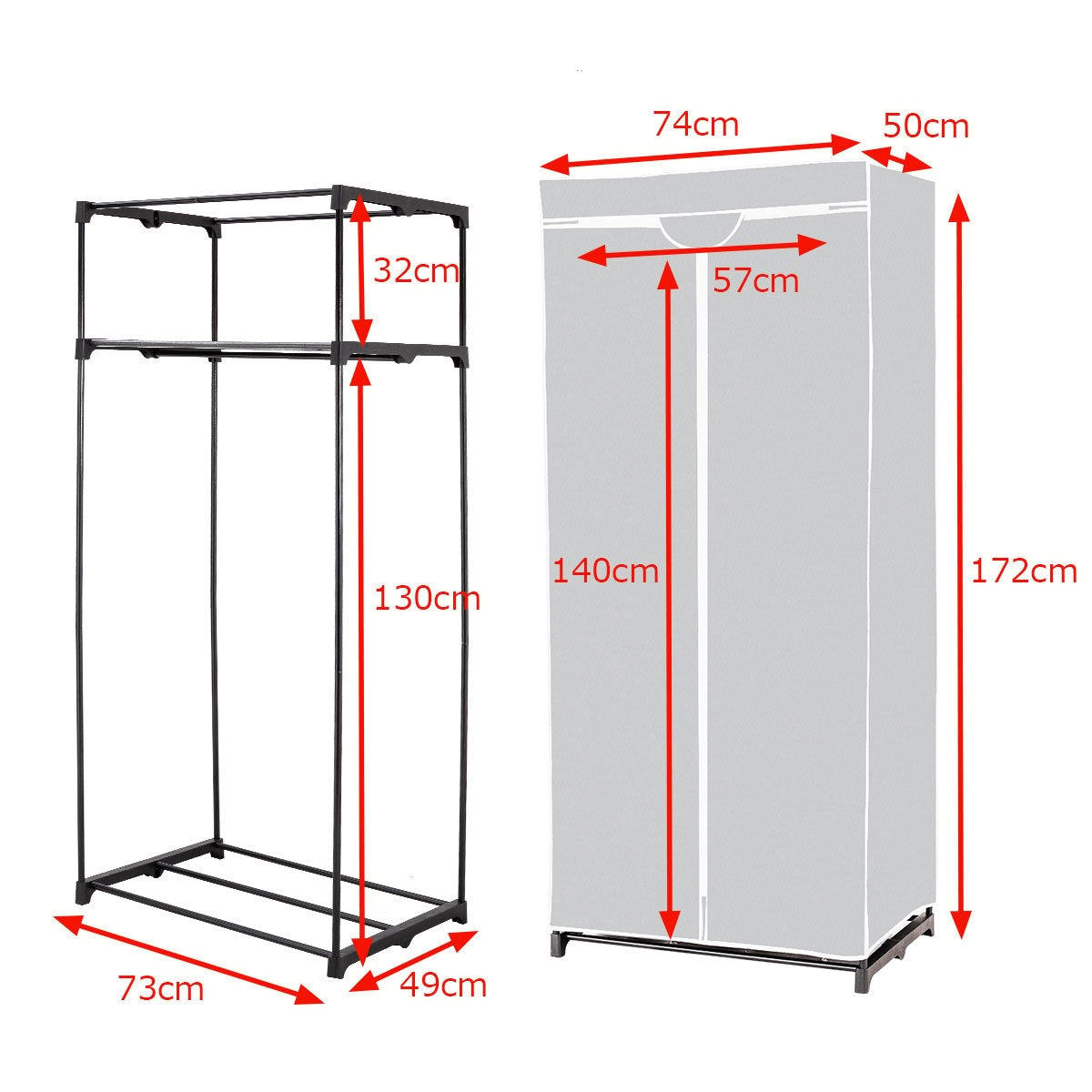 75 x 50 x 170 cm color choice wardrobe fabric cabinet with clothes rail-gray