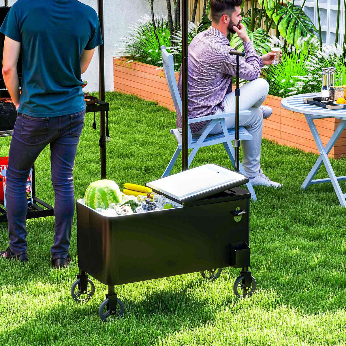 76L Refrigerator Trolley Serving Trolley with Wheels Bottle Opener Lid Handles Mobile Cool Box Side Trolley Bar Cool Container Drinks Trolley for Outdoor Patio Party White