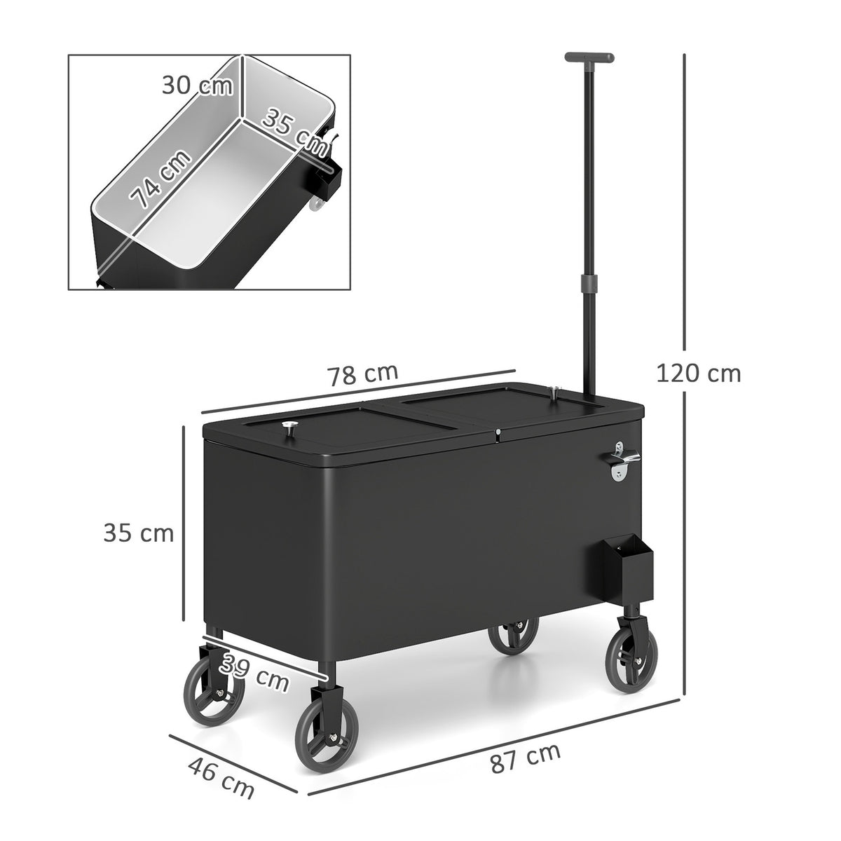 76L Refrigerator Trolley Serving Trolley with Wheels Bottle Opener Lid Handles Mobile Cool Box Side Trolley Bar Cool Container Drinks Trolley for Outdoor Patio Party White