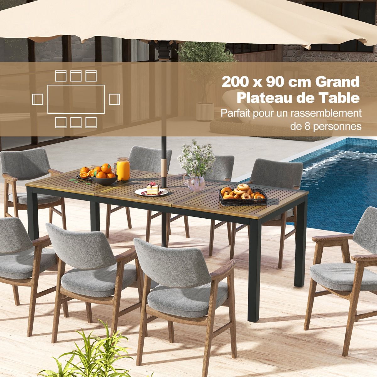 79-Inch Acacia Wood Patio Dining Table, 8-Person; Umbrella Hole
