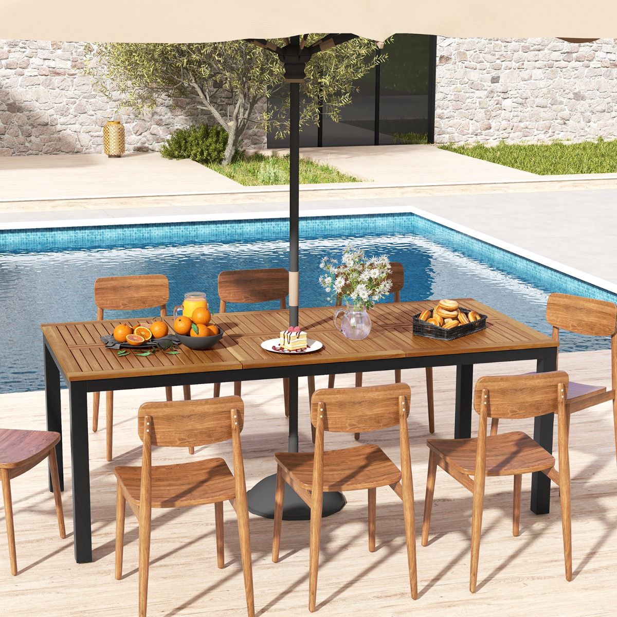 79-Inch Acacia Wood Patio Dining Table, 8-Person; Umbrella Hole