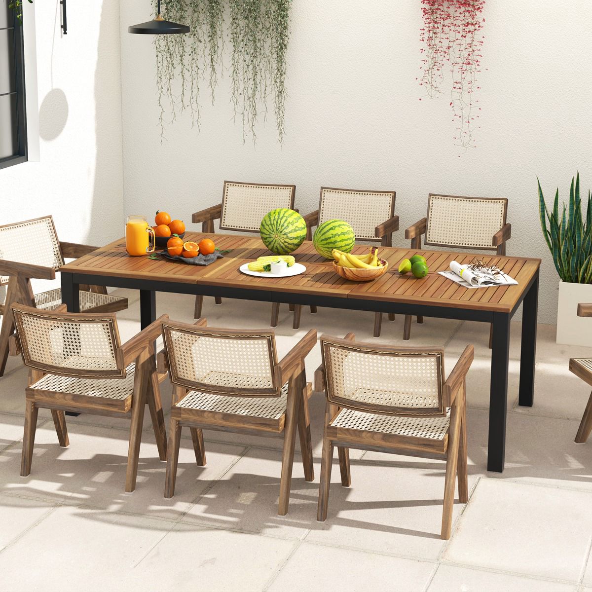 79-Inch Acacia Wood Patio Dining Table, 8-Person; Umbrella Hole