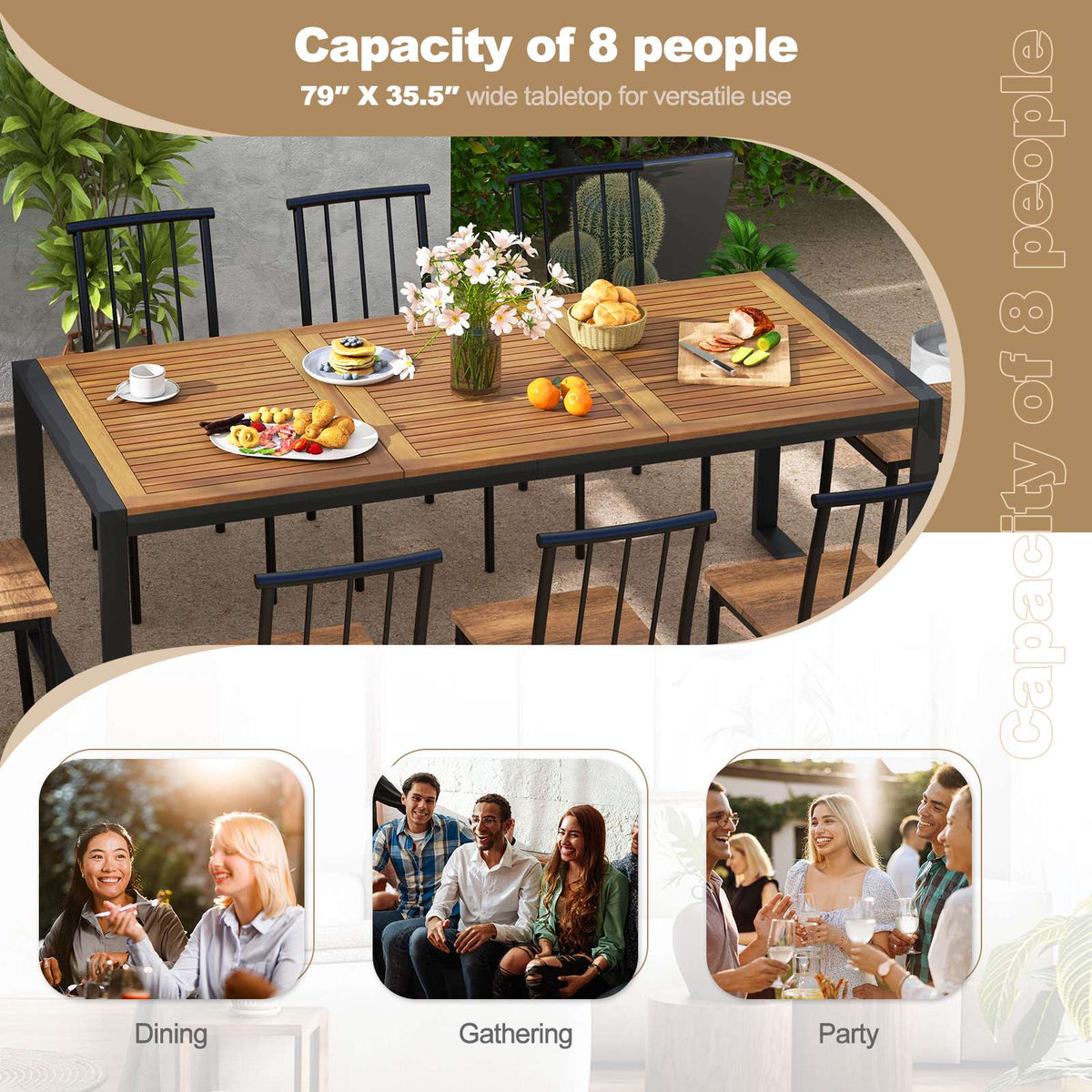 79-Inch Acacia Wood Patio Dining Table With 1.9-Inch Umbrella Hole