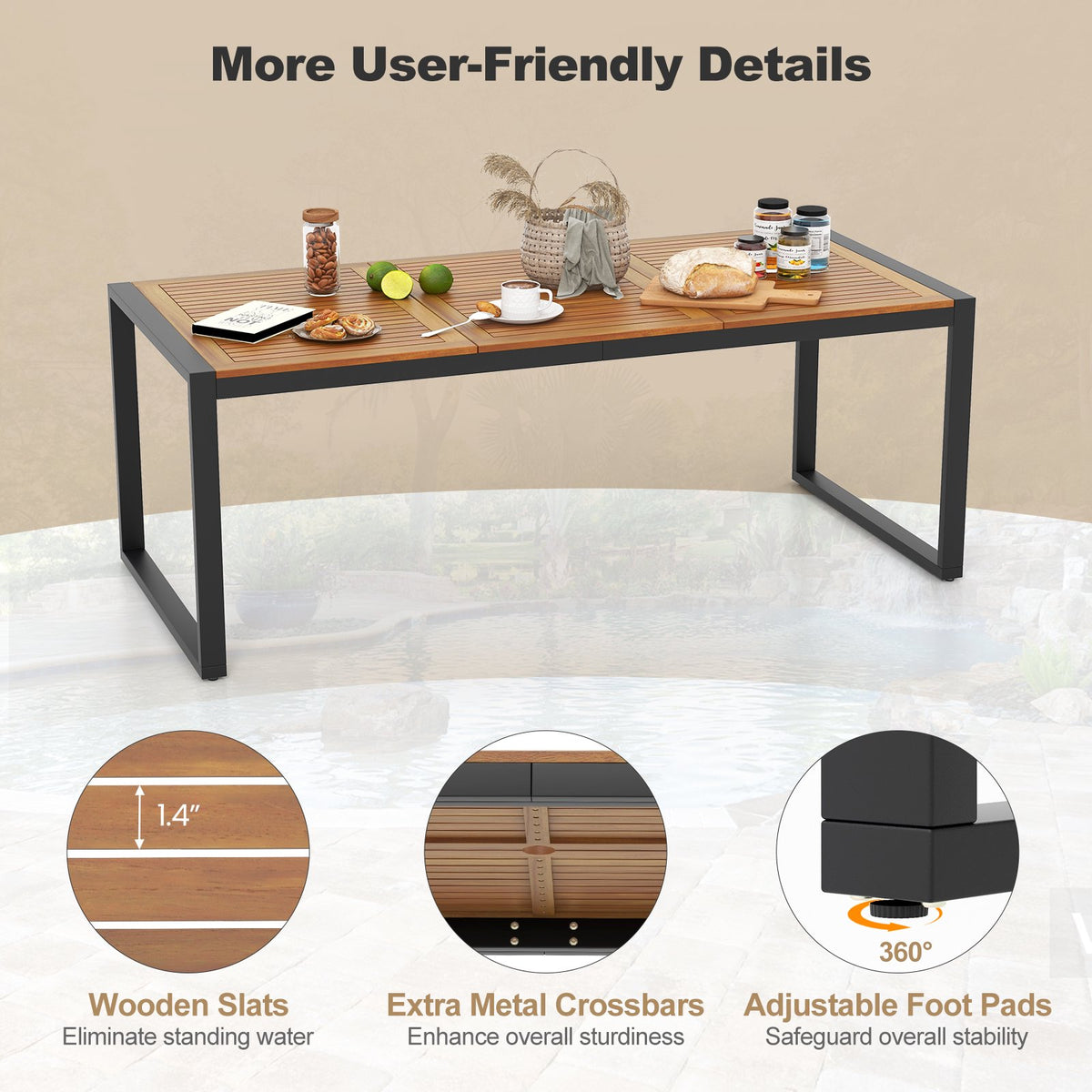 79-Inch Acacia Wood Patio Dining Table With 1.9-Inch Umbrella Hole