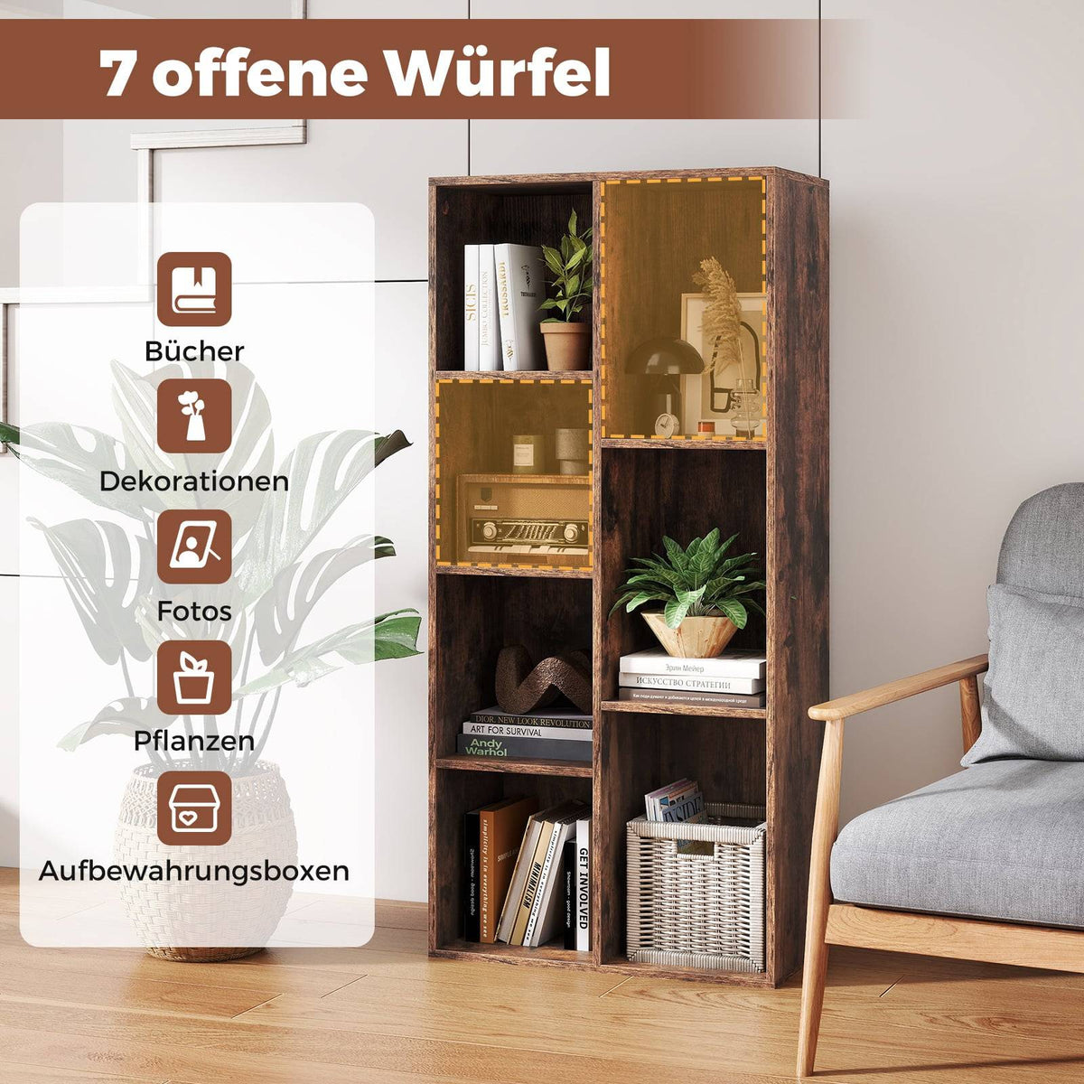 7-Cube Bookshelf, Vertical or Horizontal, Rustic Brown