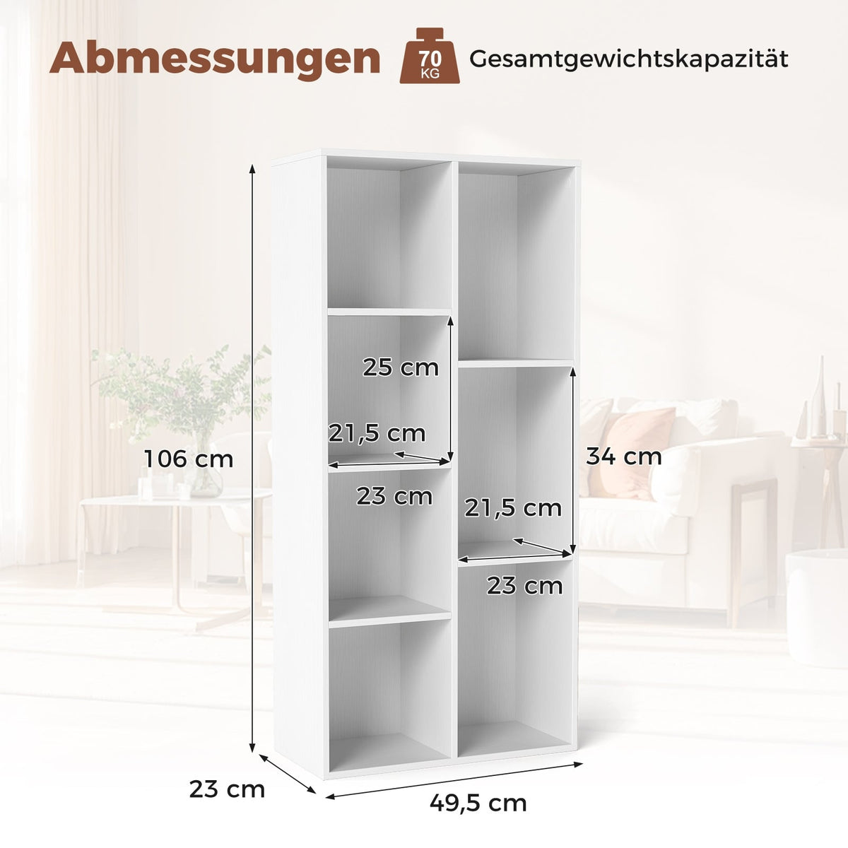 7-Cube Bookshelf, White, Vertical or Horizontal, 49.5x23x106 cm