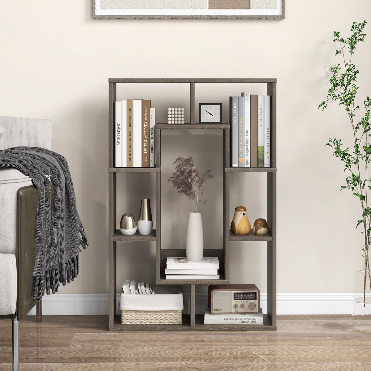7-Cube Geometric Bookshelf, Engineered Wood, Gray