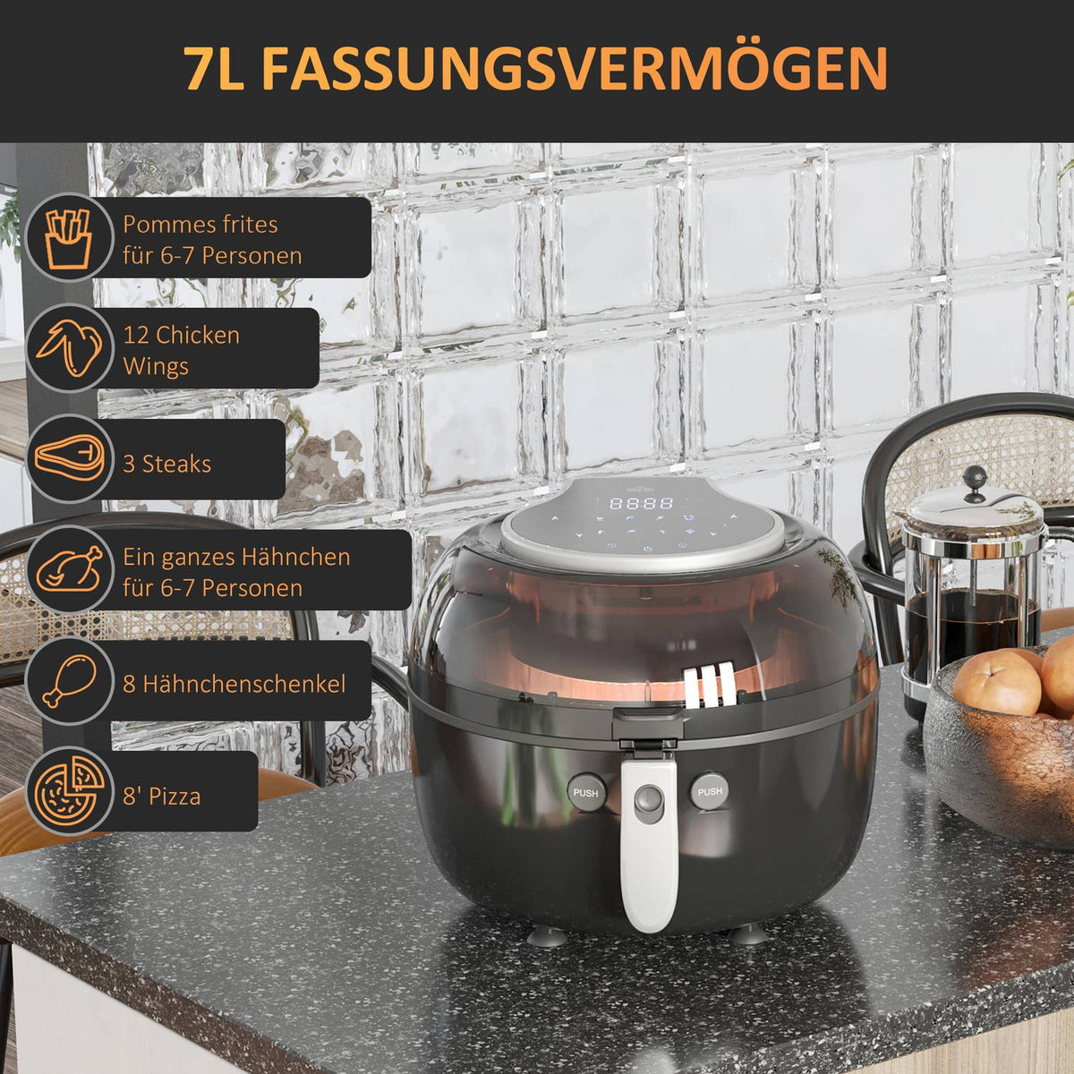 7L Hot Air Fryer Oil-Free 1500W Air Fryer With 7 Programs And Non-Stick Basket, Overheating Protection Air Fryer 80℃-200℃ 60-Minute Timer