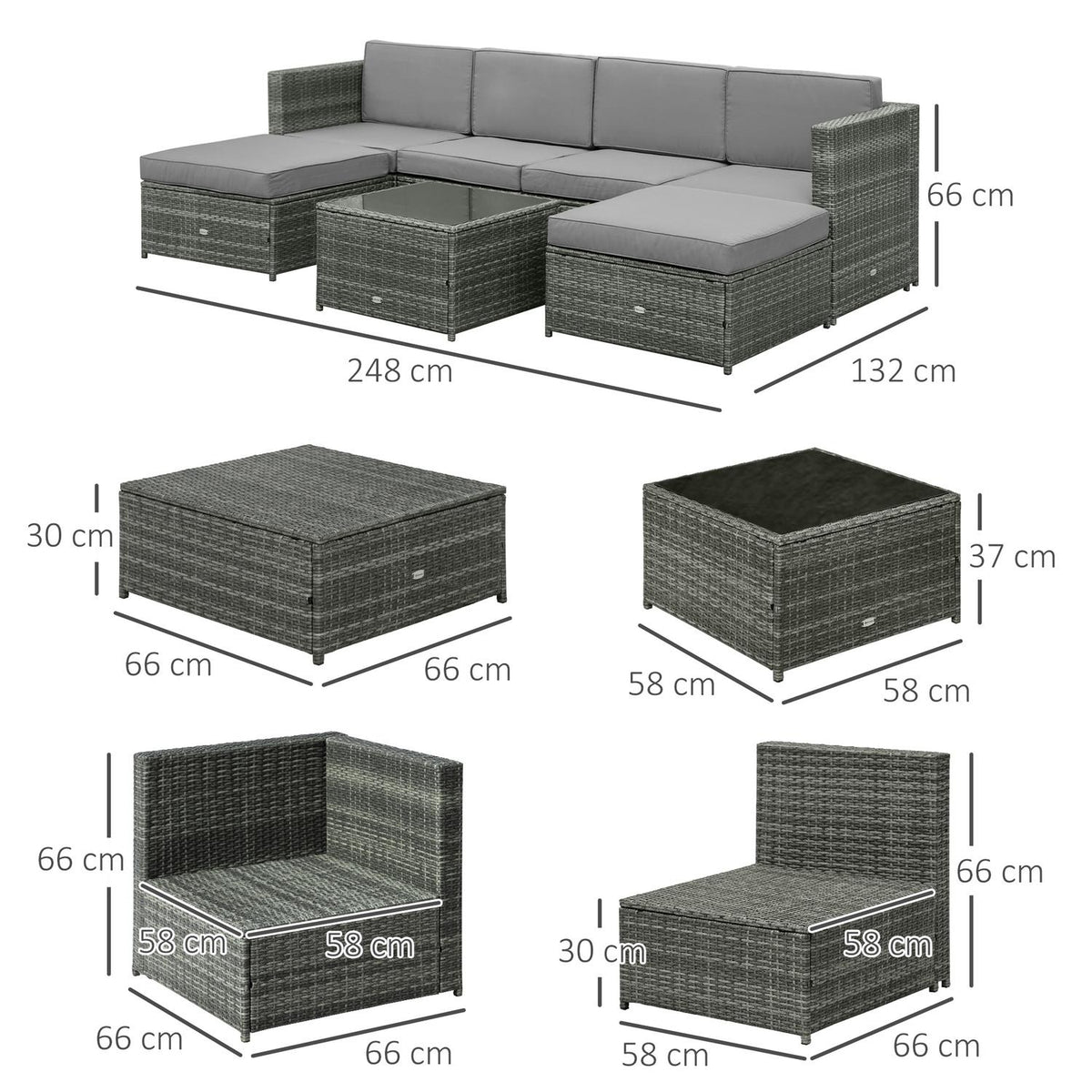 7 Pcs. Polyrattan Garden Furniture Set Lounge Set Lounge Furniture Footstool Seat Cushion Gray Steel Polyester 58X58X37Cm