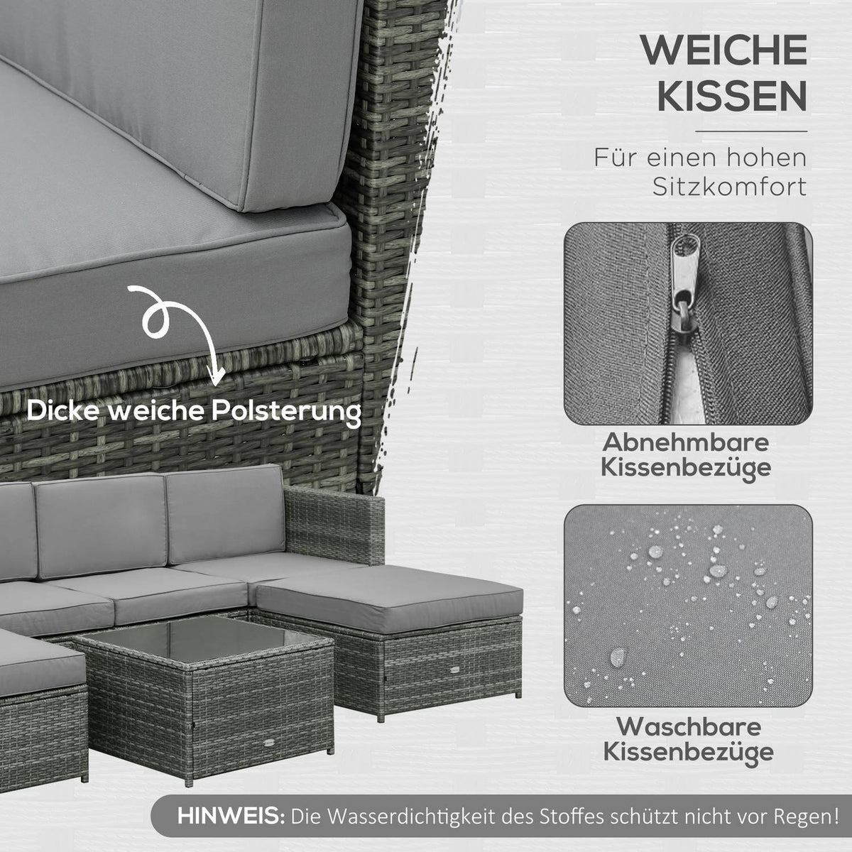 7 Pcs. Polyrattan Garden Furniture Set Lounge Set Lounge Furniture Footstool Seat Cushion Gray Steel Polyester 58X58X37Cm