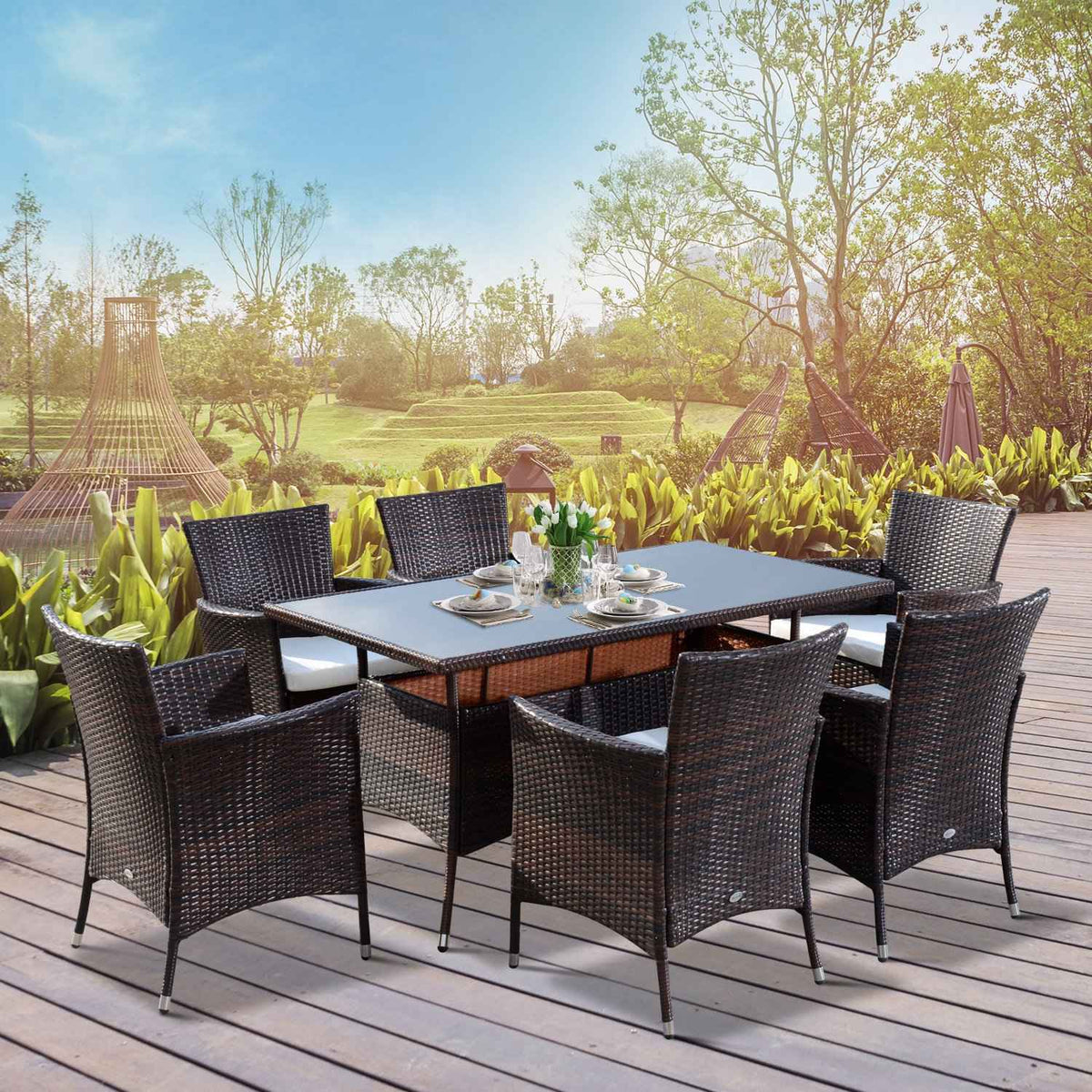 7-Piece Polyrattan Garden Furniture Rattan Garden Set Seating Group Dining Group Including Cushions For 6 People Brown + Cream White 150 X 80 X 74 Cm