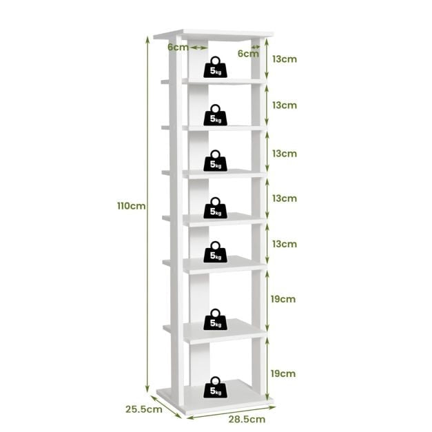 7-Tier Narrow Vertical Shoe Rack, Engineered Wood, White