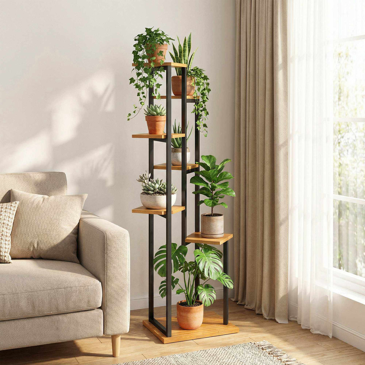 7-Tier Plant Stand, 130 cm Tall, Wood and Steel