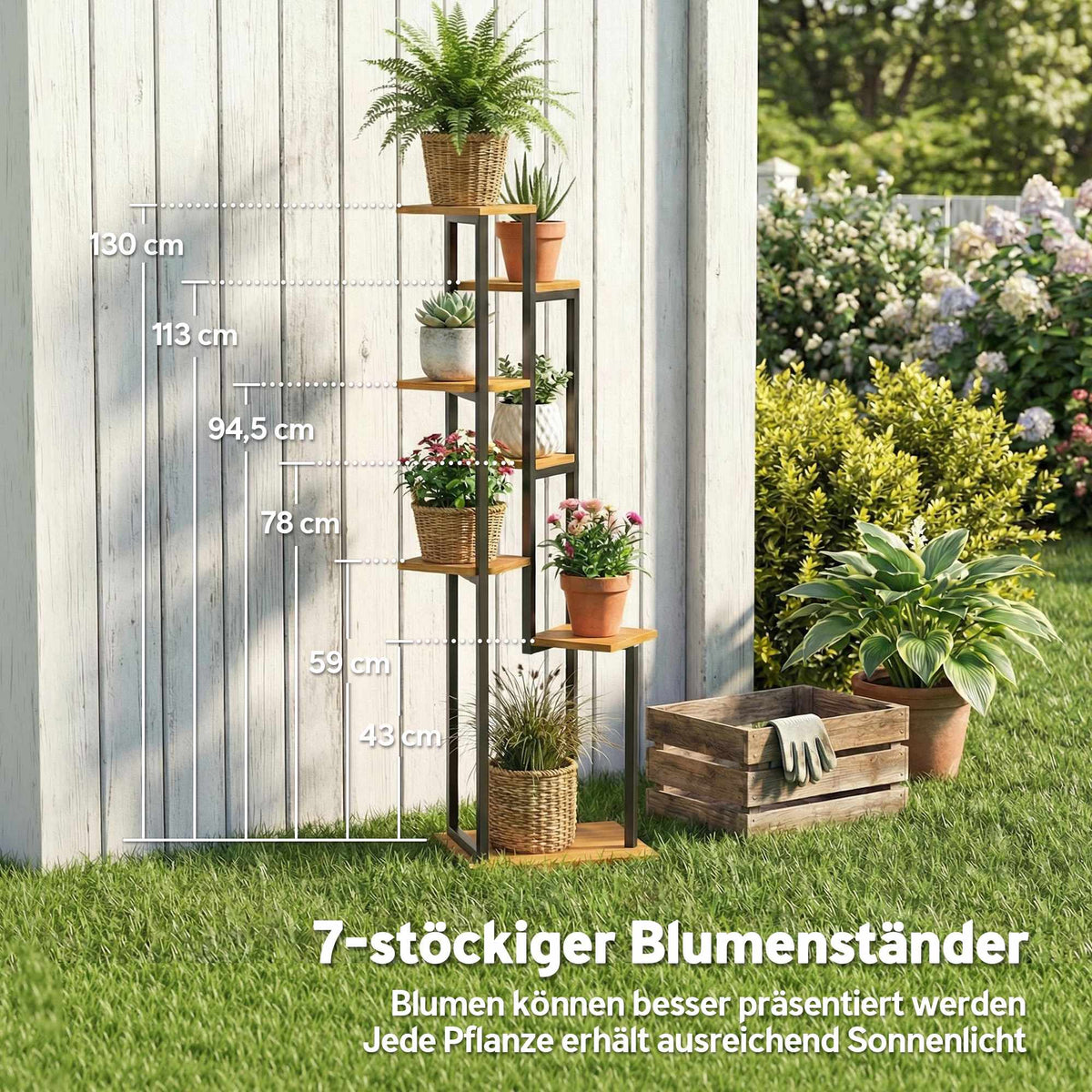 7-Tier Plant Stand, 130 cm Tall, Wood and Steel