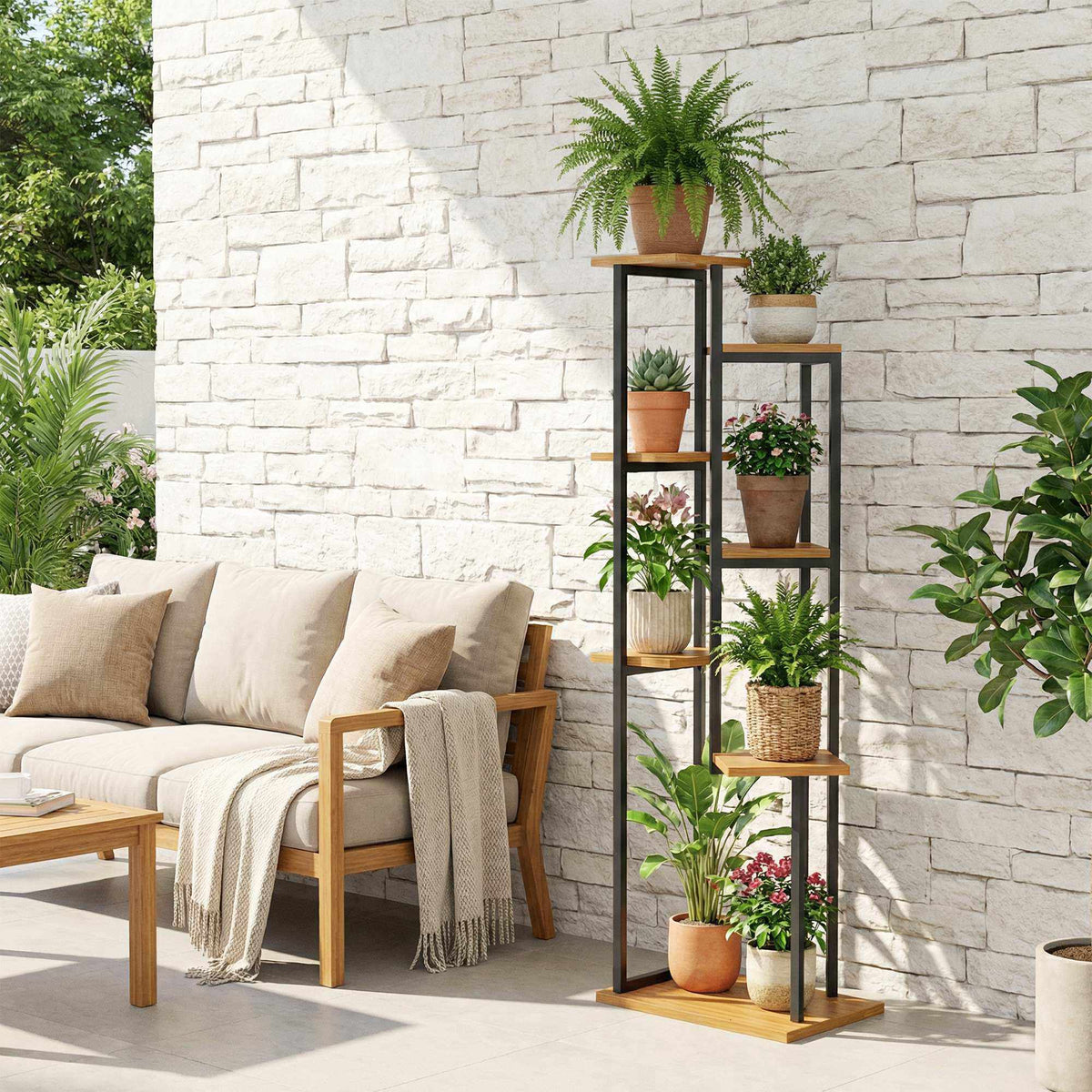 7-Tier Plant Stand, 130 cm Tall, Wood and Steel