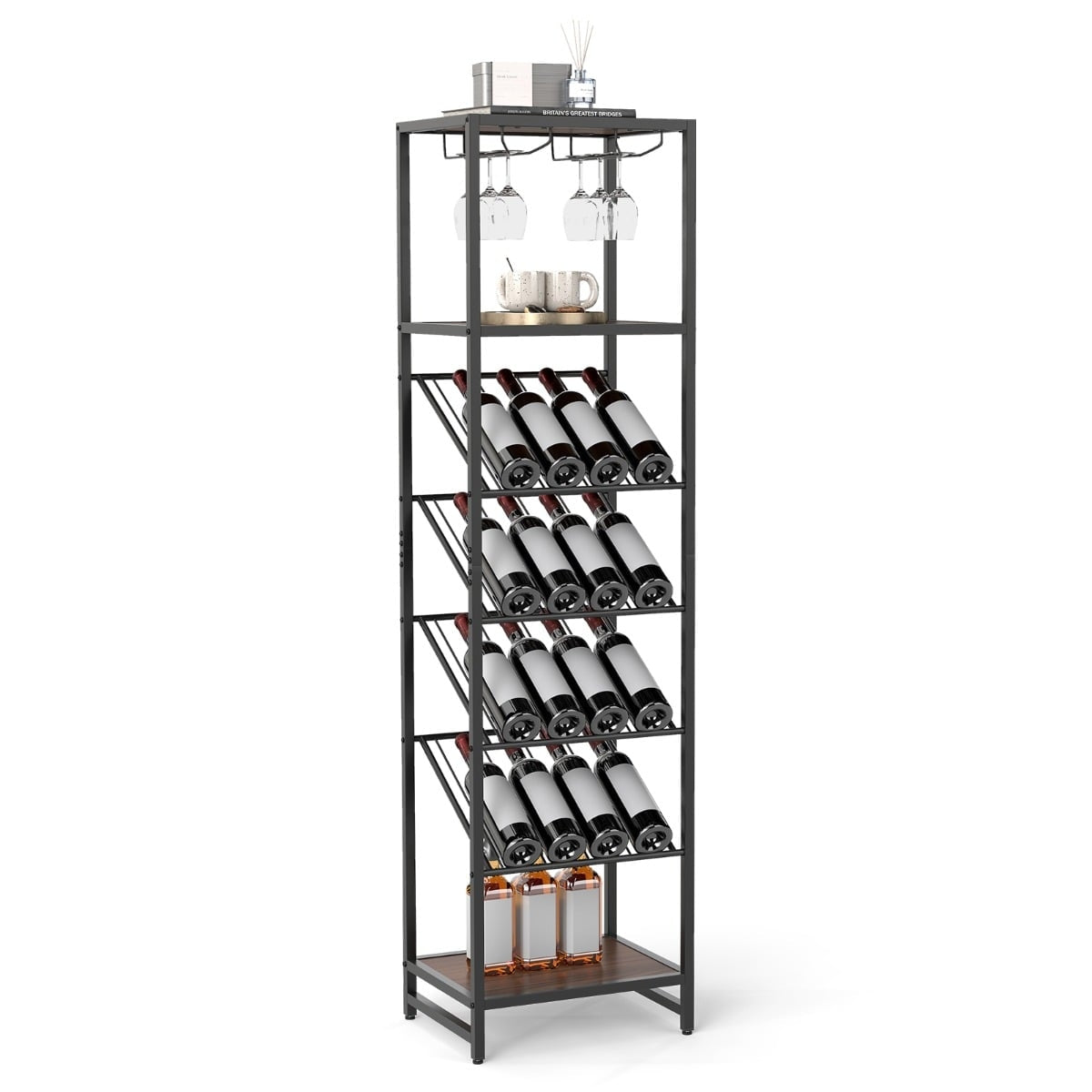 7-Tier Wine Rack with Glass Holders and Shelves, Black
