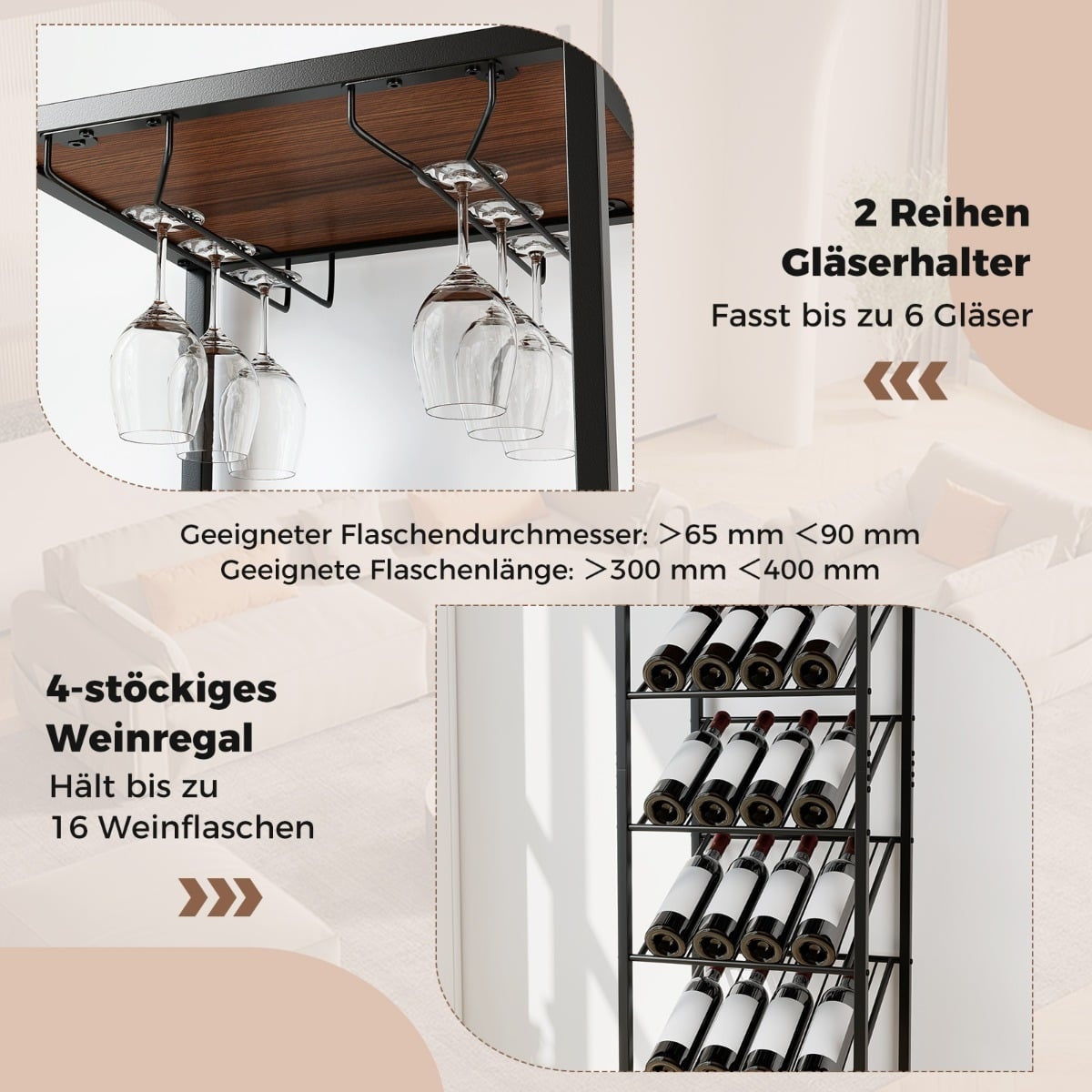 7-Tier Wine Rack with Glass Holders and Shelves, Black