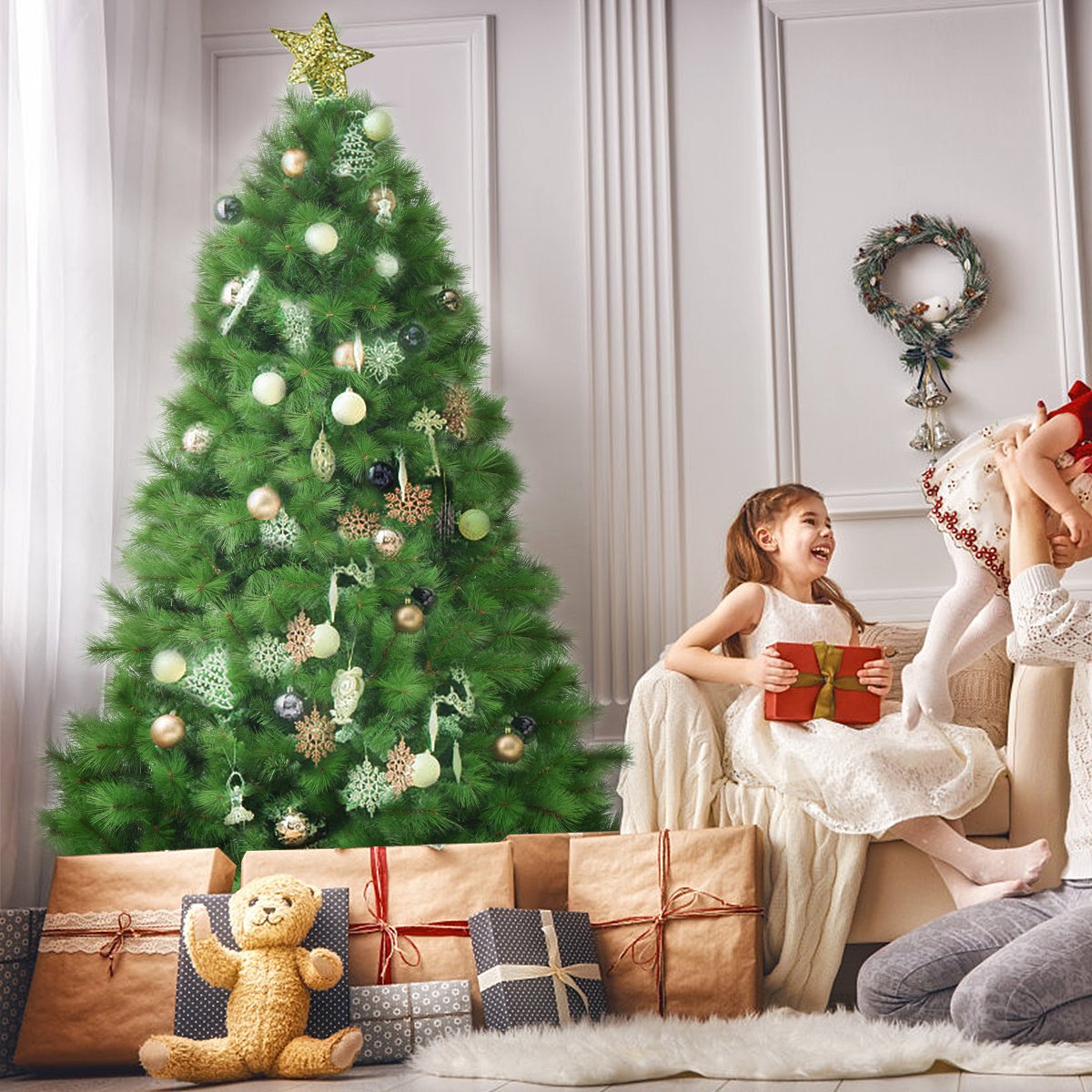 7 ft Artificial Christmas Tree, Hinged, 808 Tips, Stand