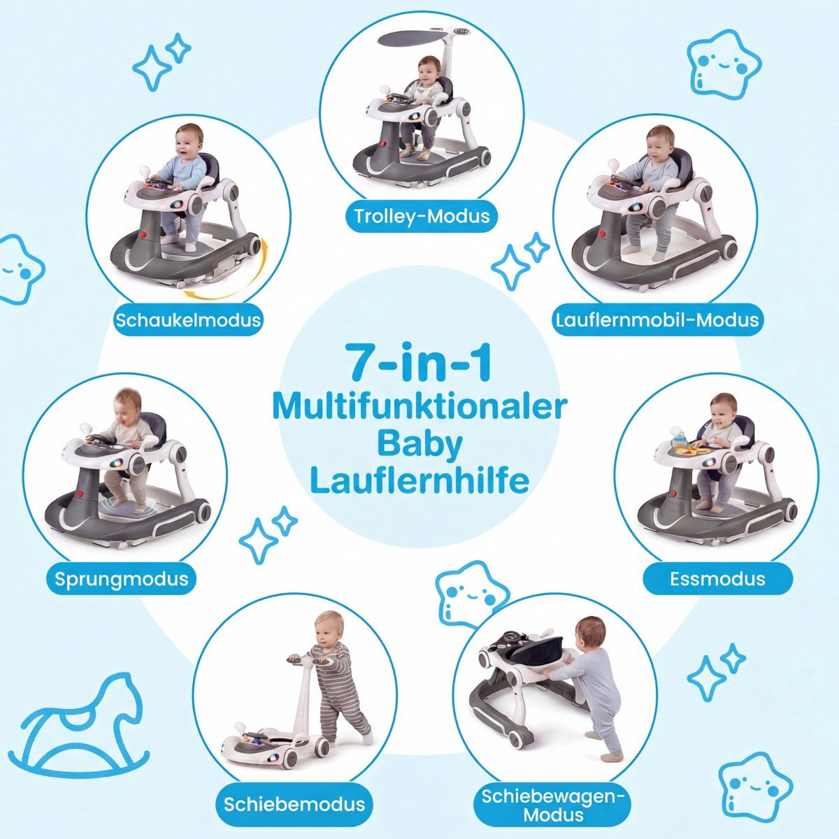 7-in-1 Adjustable Baby Walker with Canopy and Activity Center