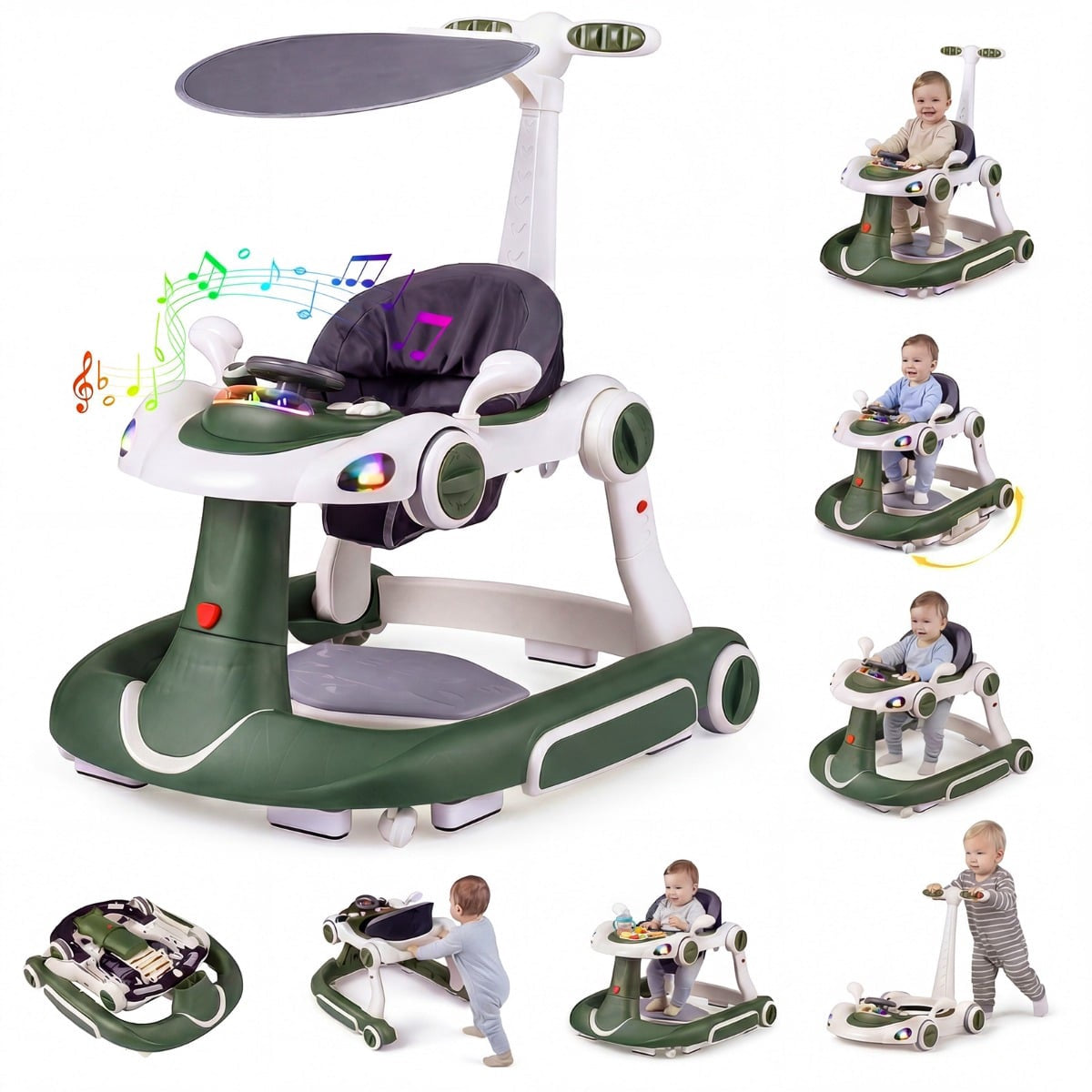 7-in-1 Adjustable Baby Walker with Canopy and Activity Center