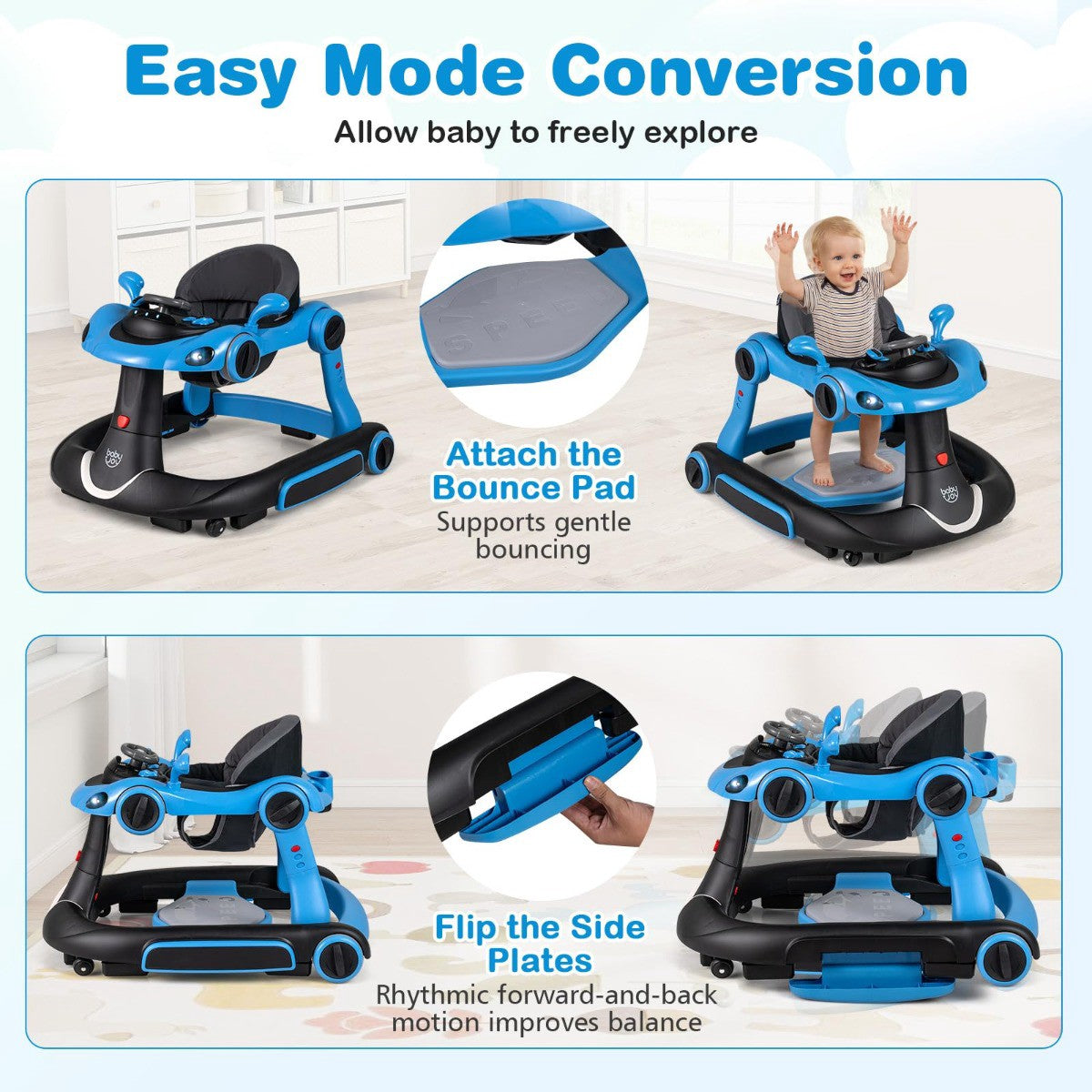 7-in-1 Baby Walker with Adjustable Height & Speed, Blue