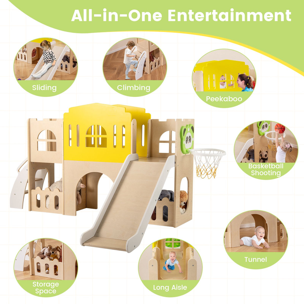 7-in-1 Toddler Slide Set, Wooden Castle Indoor Outdoor