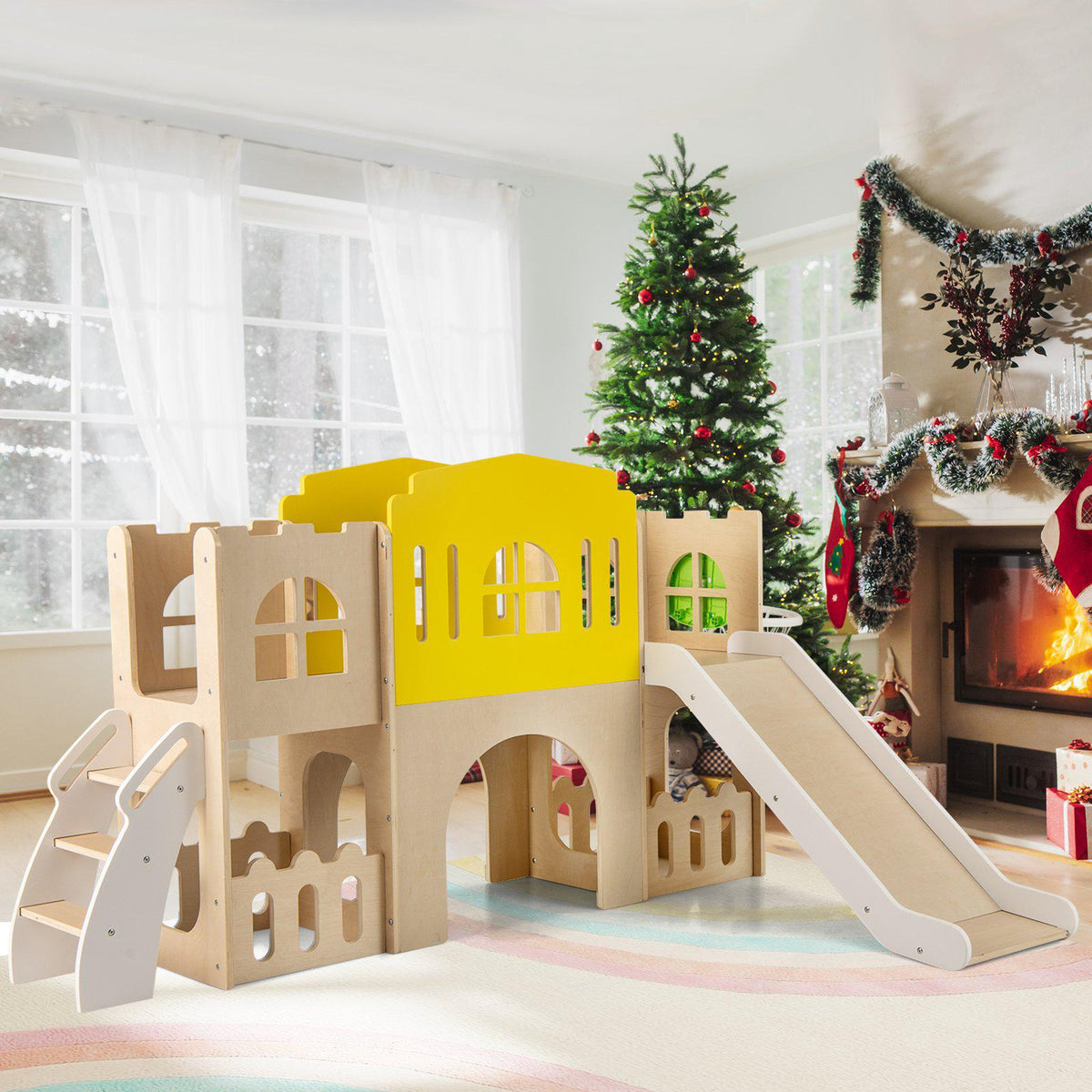 7-in-1 Toddler Slide Set, Wooden Castle Indoor Outdoor
