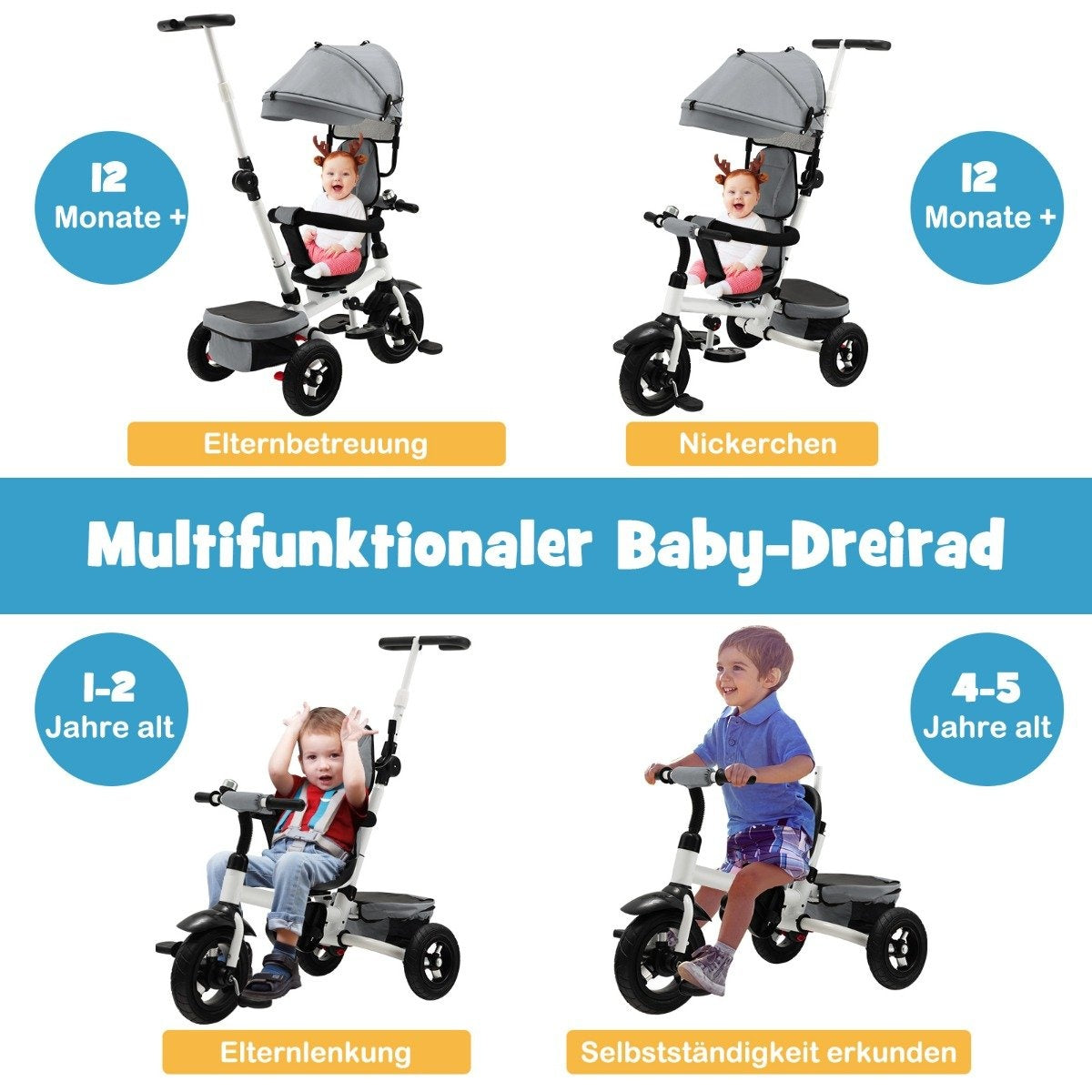 7 in 1 children's tricycle with reversible seat & adjustable canopy & push handle balance bike gray