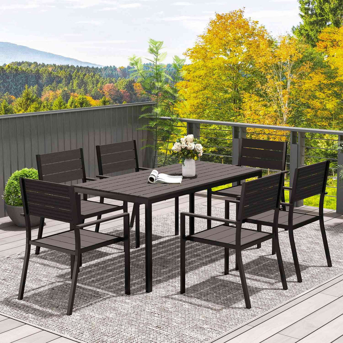 7-piece dining set for 6 people, dining table with 6 chairs, slotted table, dark brown