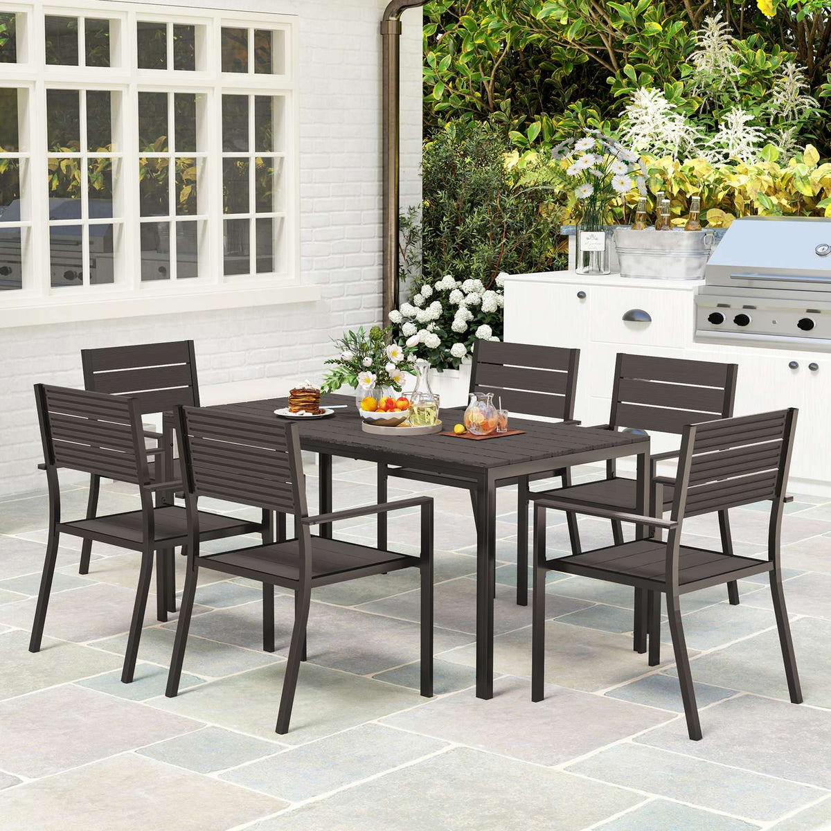 7-piece dining set for 6 people, dining table with 6 chairs, slotted table, dark brown